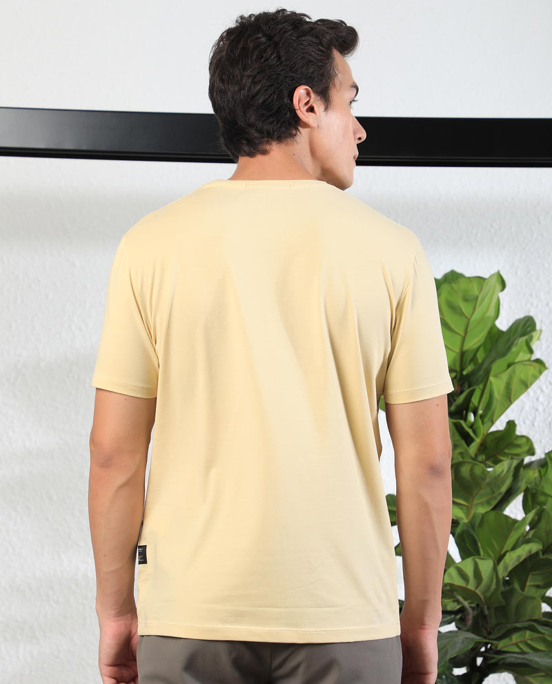 Rare Rabbit Men's Otter Yellow Crew Neck Graphic Printed Half Sleeves Slim Fit T-Shirt