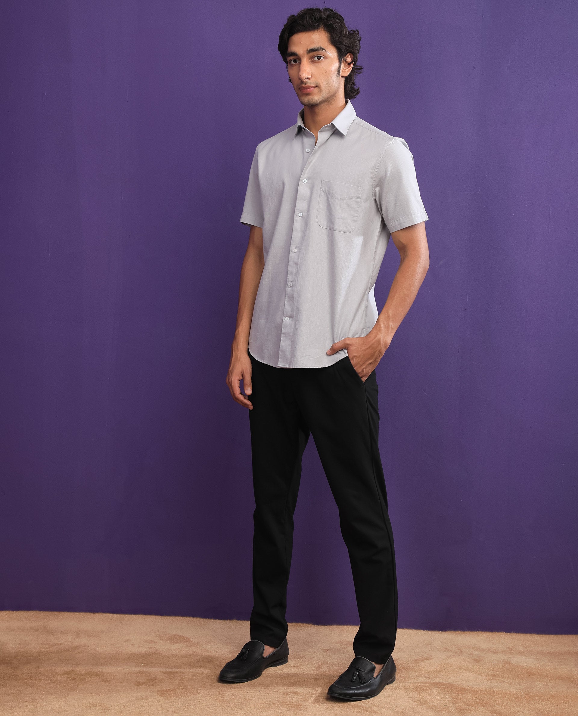 Rare Rabbit Men's Darwin Grey Cotton Fabric Half Sleeves Solid Shirt