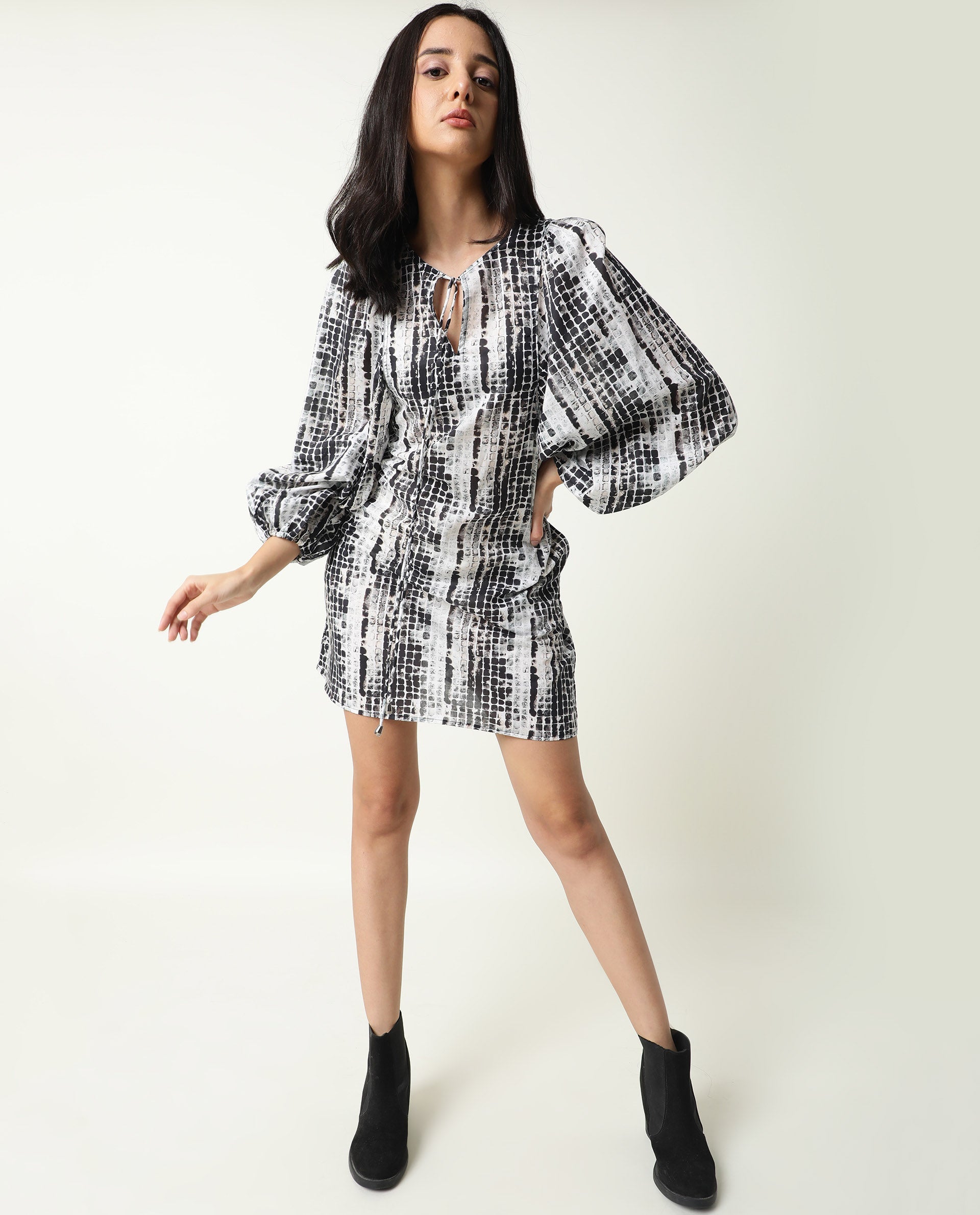 Rareism Women Ragi Black Printed Volume Sleeves Tie Up Neck With Pockets Mini Dress