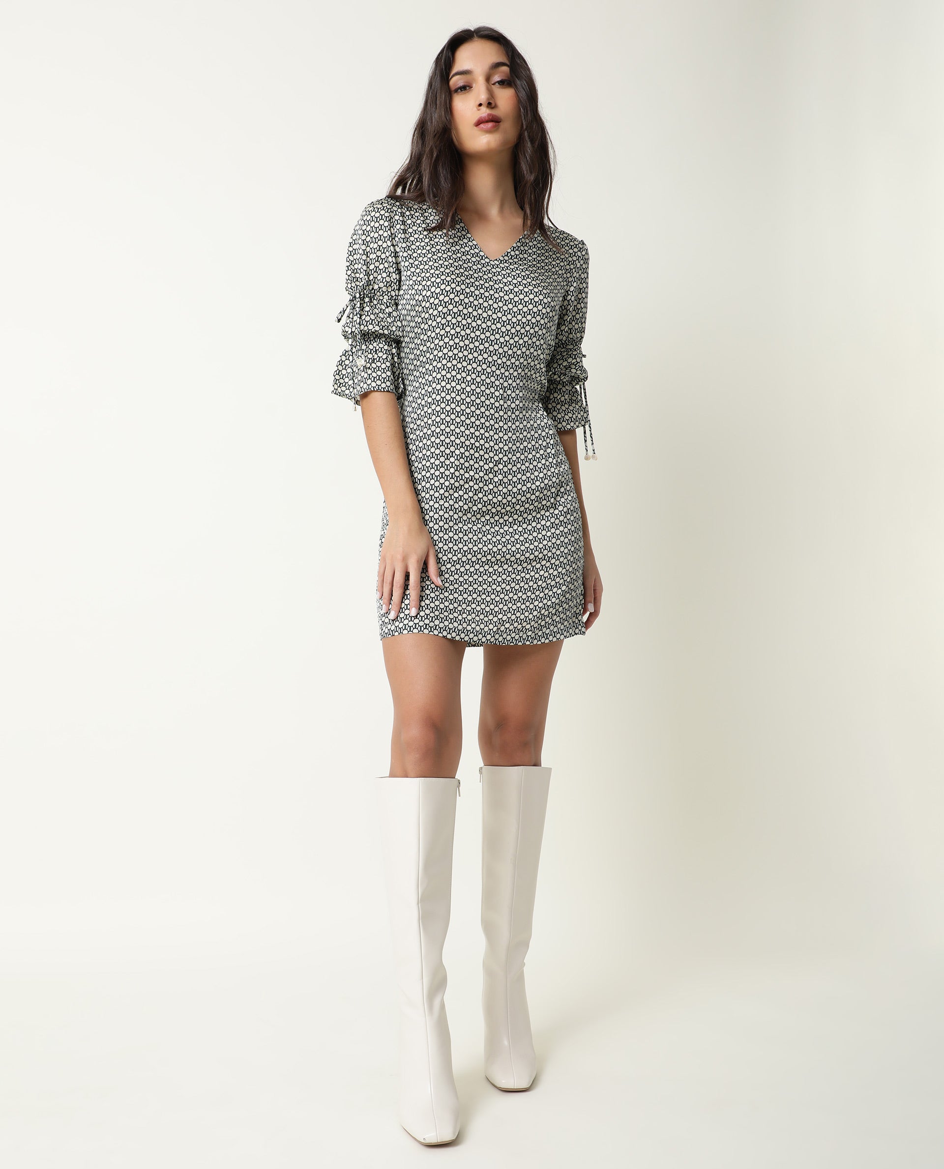 Rareism Women Cecilia Beige Geometric Print V Neck Short Sleeves With Drawstring Mini Dress