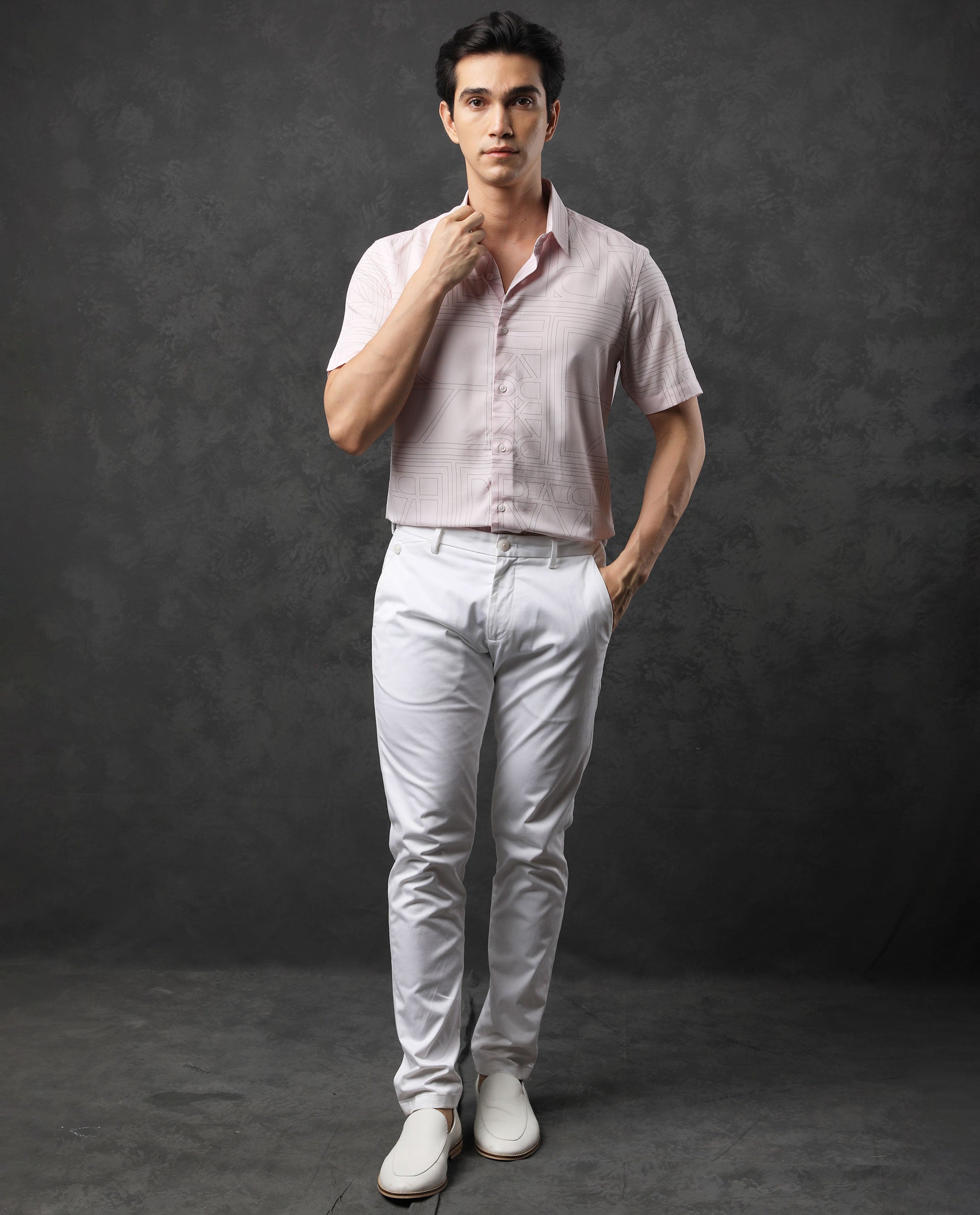 RARE RABBIT MEN'S MALFOR SS PASTEL PINK SHIRT SHORT SLEEVES COLLARED NECK  PRINT