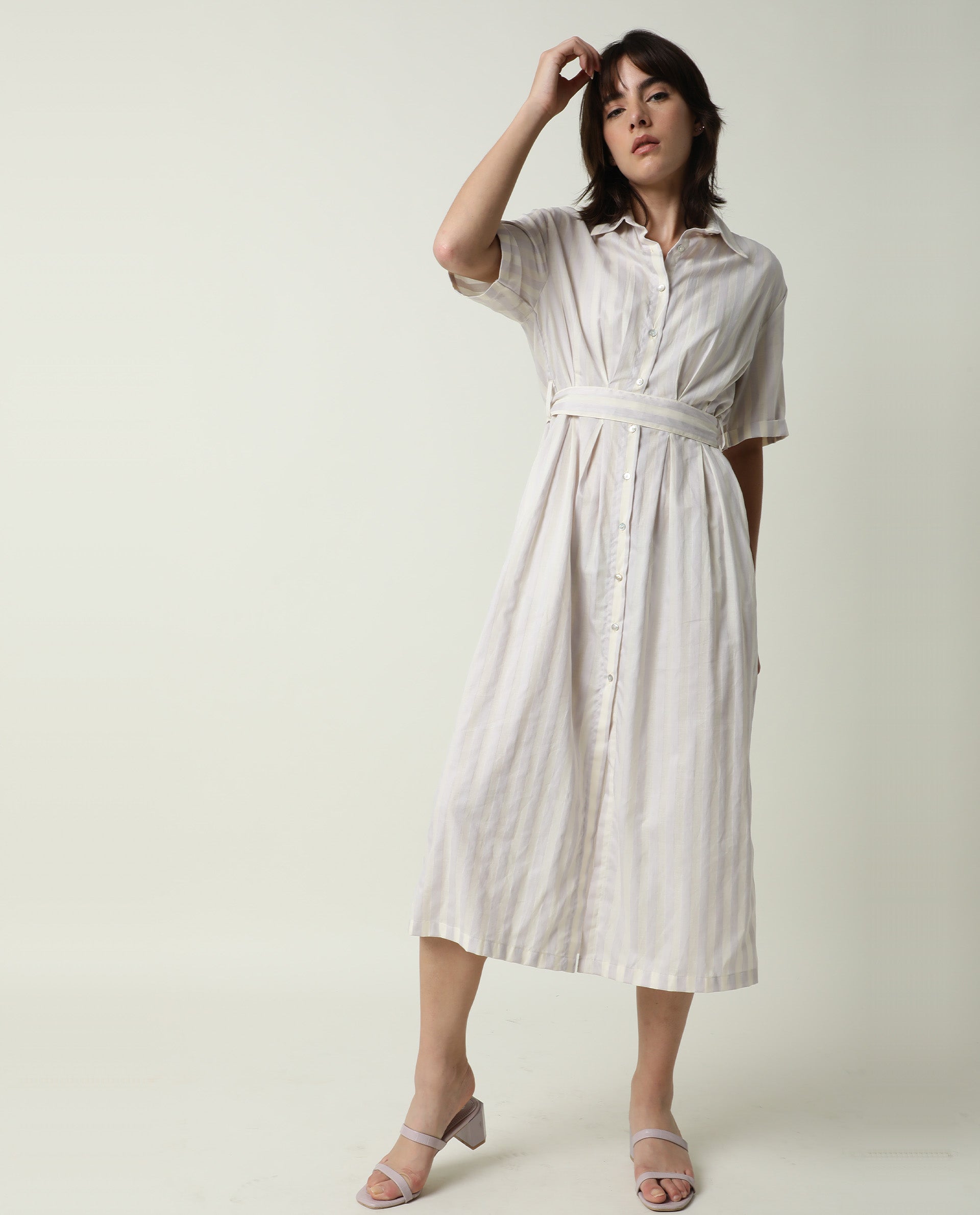 Rareism Women Paris Yellow Shirt Collar Half Sleeves Front Placket Button Closure With Fabric Waist Belt Midi Dress