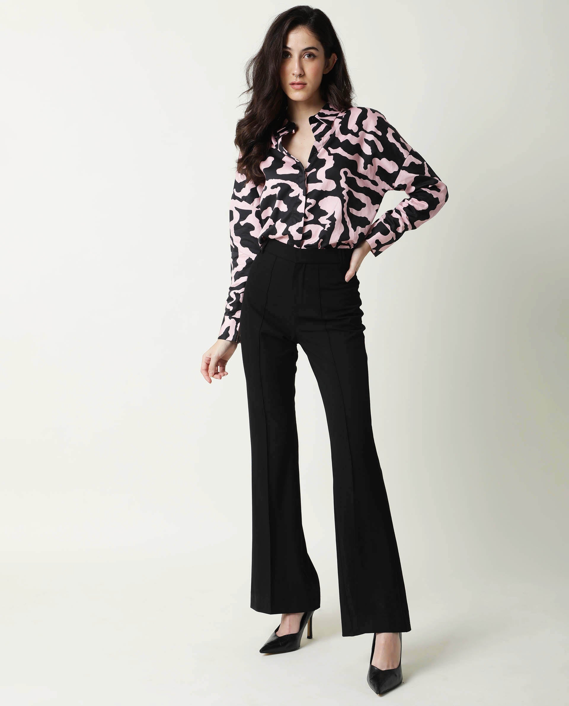 Rareism Women Revolt Black Cotton Linen Fabric Regular Fit Collarless Full Sleeves Abstract Print Top