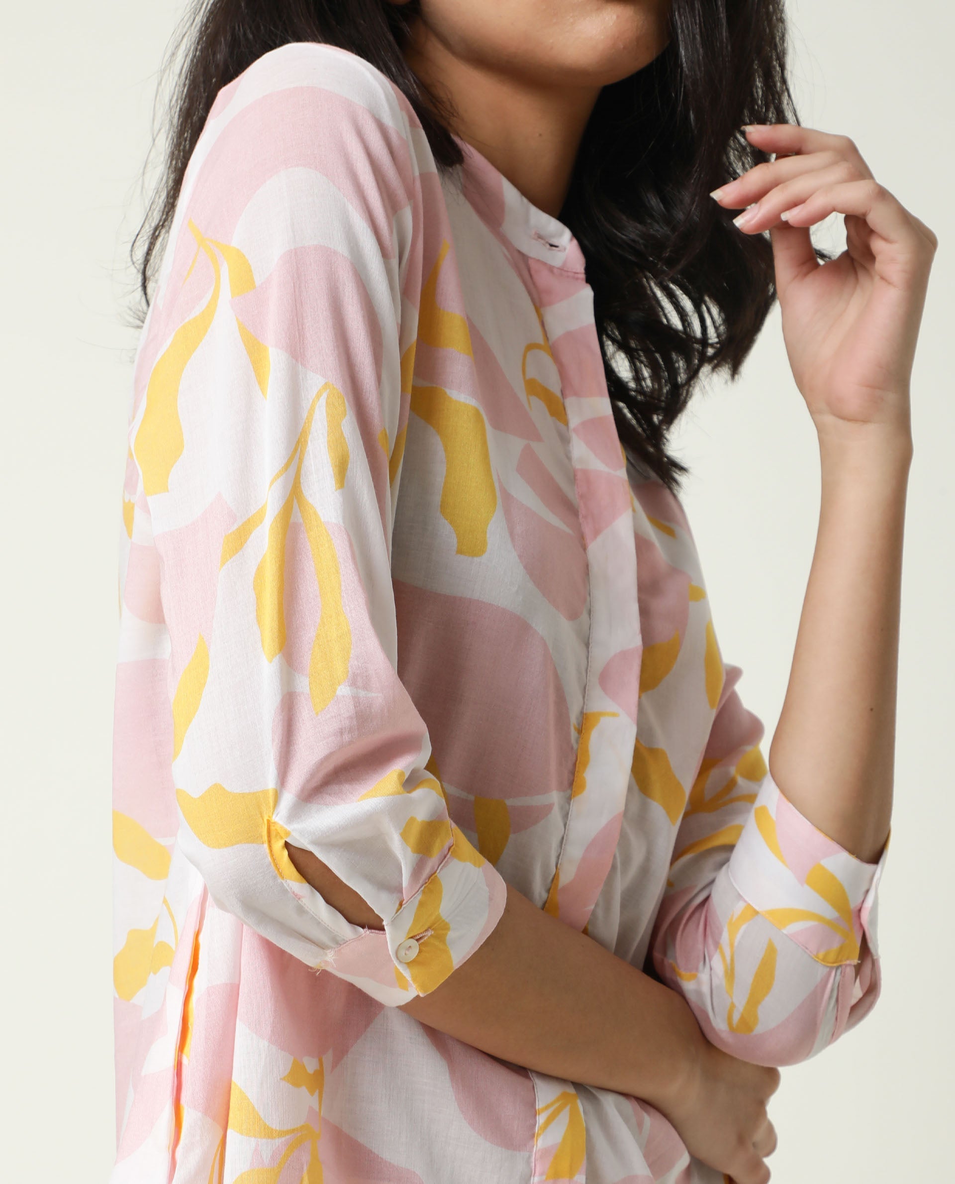 Rareism Women Champ Pink Abstract Print High Neck 3/4 Sleeves Front Full Button Closure Placket Mini Dress