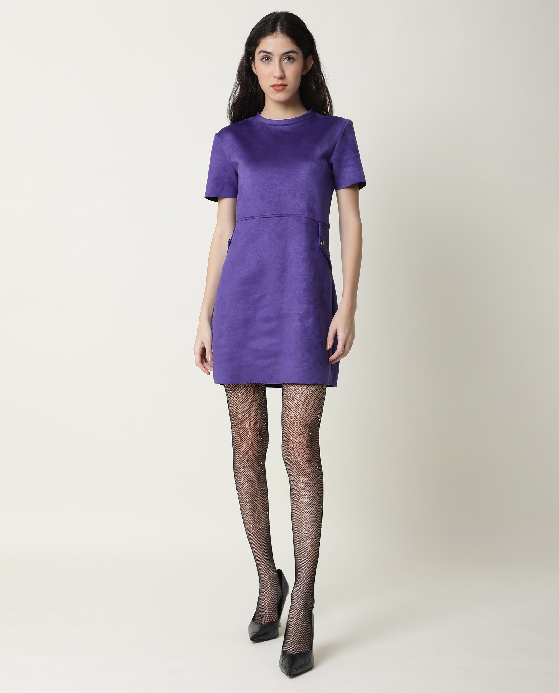 Rareism Women Sions Purple Round Neck Short Sleeves Mini Dress