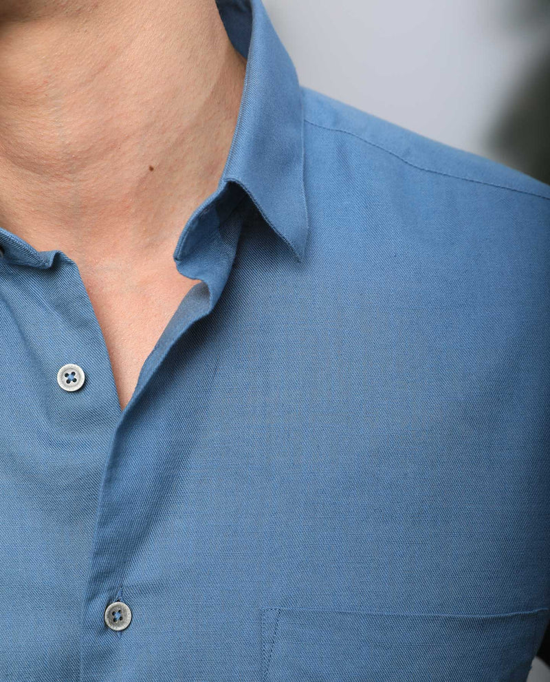 Rare Rabbit Mens Darwin Blue Cotton Fabric Short Sleeves Regular Fit Solid Shirt