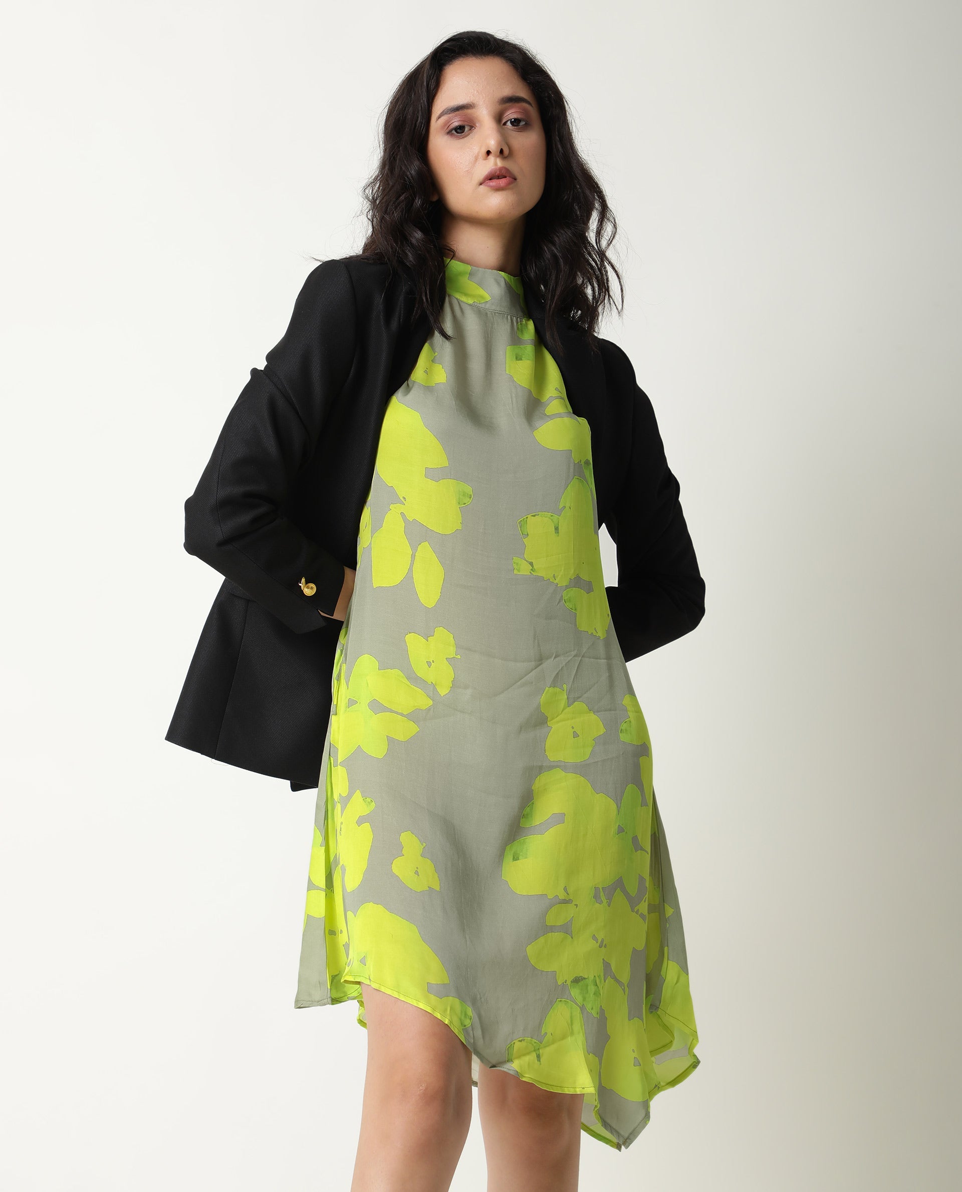 Rareism Women Sprite Yellow Floral Print Band Neck Short Sleeves With Pockets Asymmetric Hem Knee Length Dress