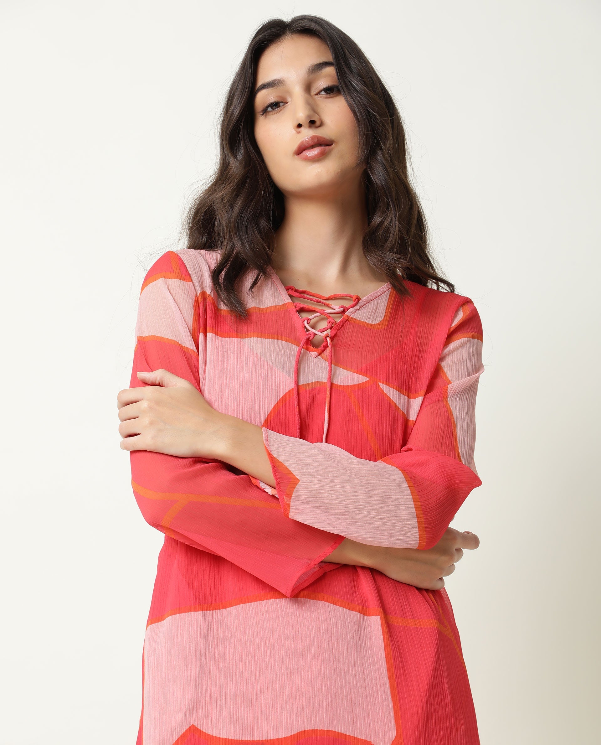 Rareism Women Benett Pink Abstract V Neck With Criss Cross Tie Up Full Sleeves Midi Dress