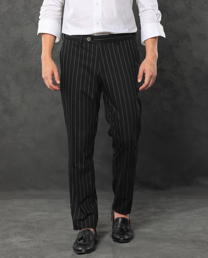 Rare Rabbit Men's Tazy Black Polyester Viscose Fabric Peak Lapel Button Closure Double Breasted Self Stripe Suits