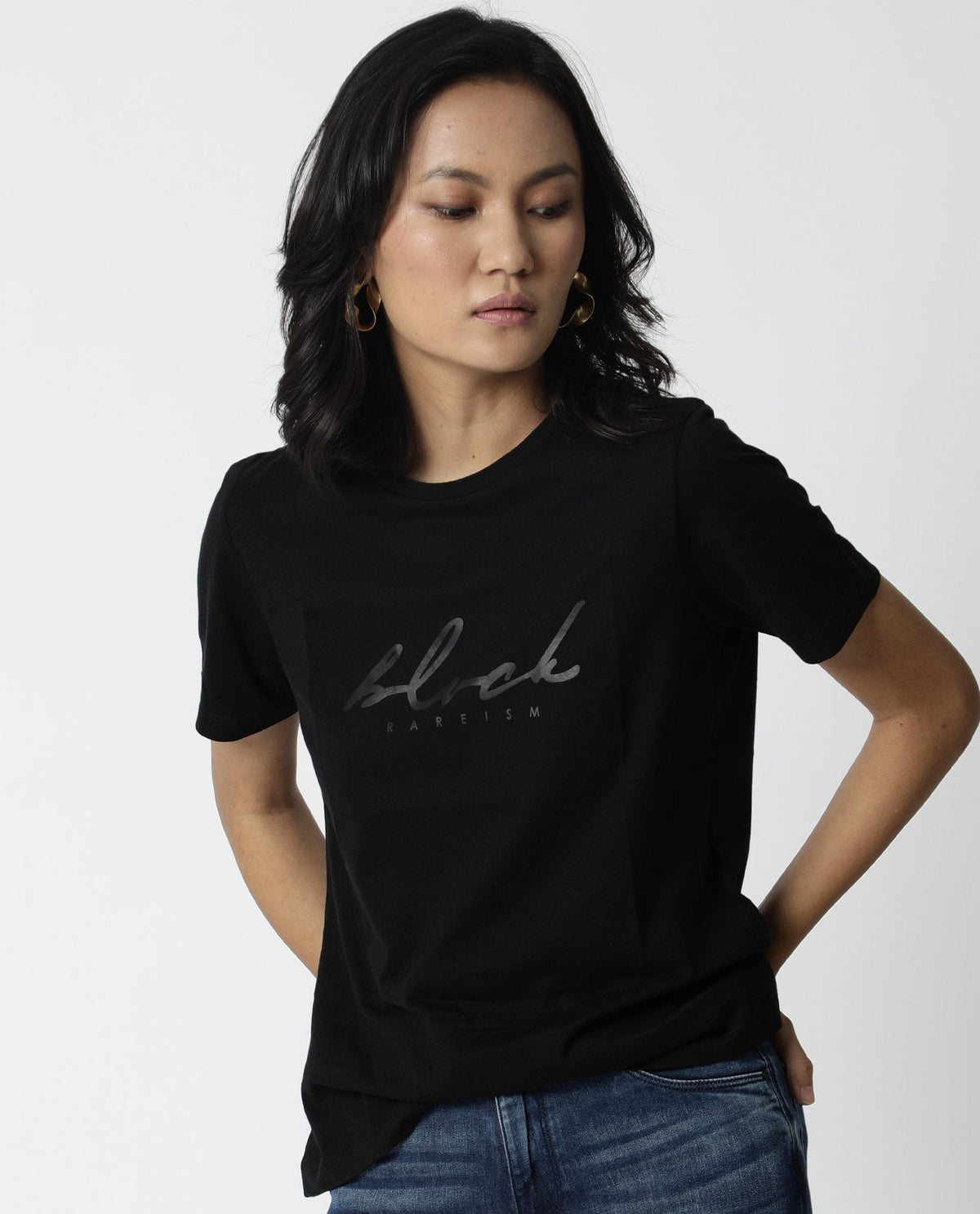 Rareism Women Darker Black T-Shirt Short Sleeves