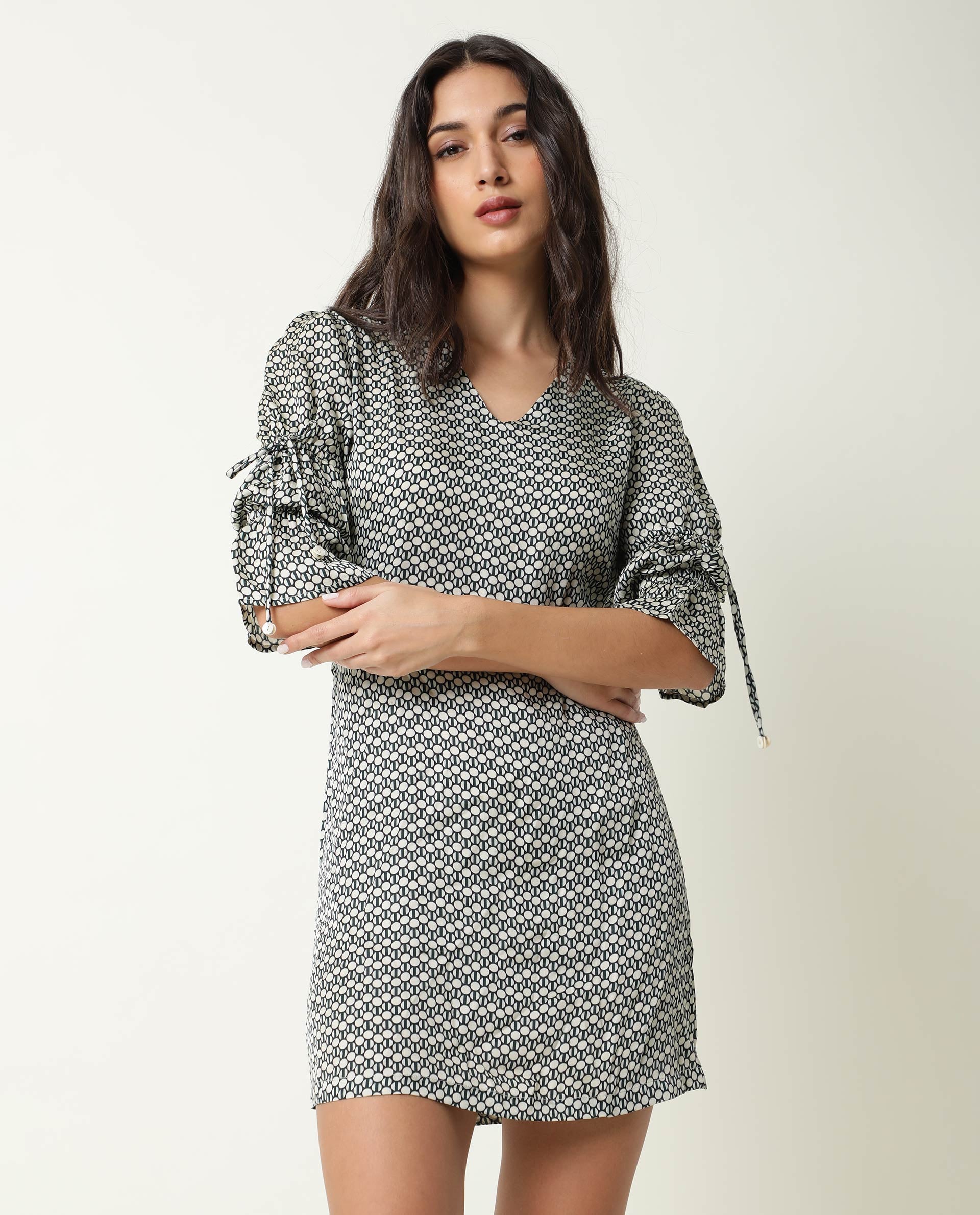 Rareism Women Cecilia Beige Geometric Print V Neck Short Sleeves With Drawstring Mini Dress