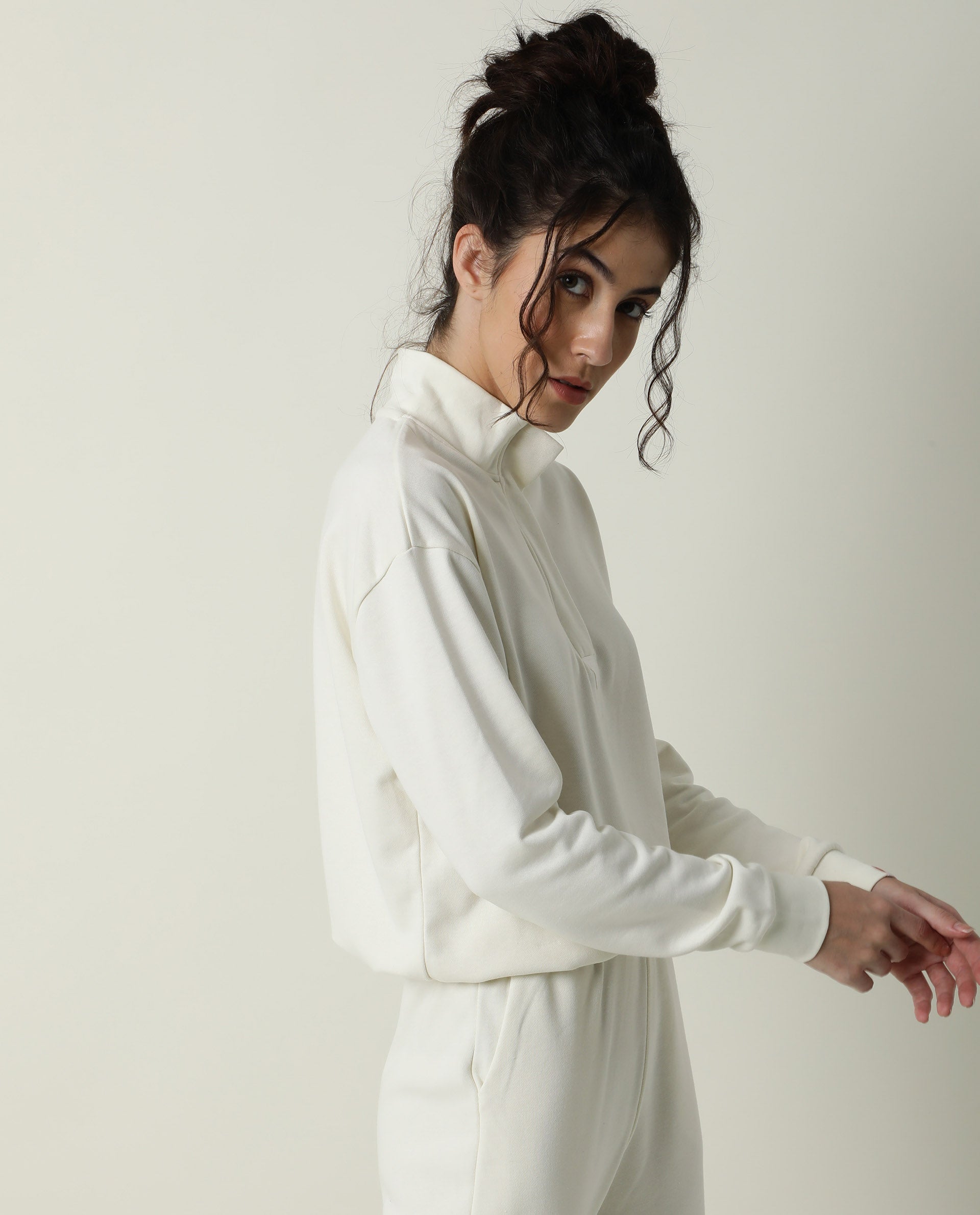 Rareism Women Taffy-1 Off White  Relaxed Fit Full Sleeves Solid High Neck Sweatshirt