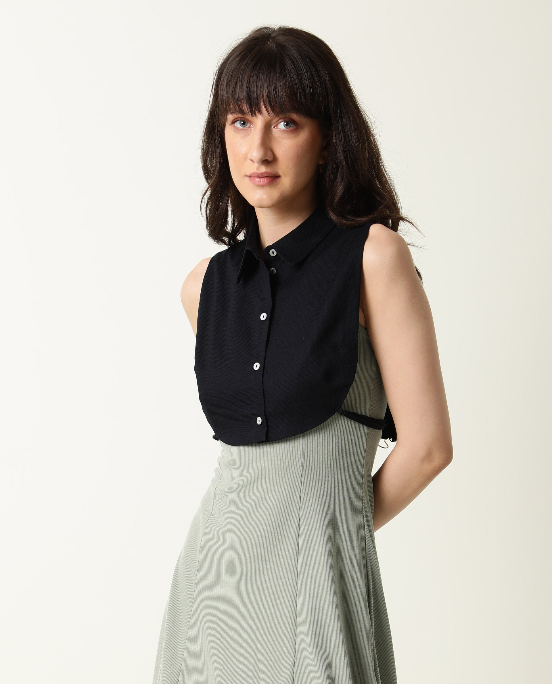 Rareism Womens Floret Black Over Layer Cotton Fabric Cropped Length Sleeveless Button Fastening Collar Neck