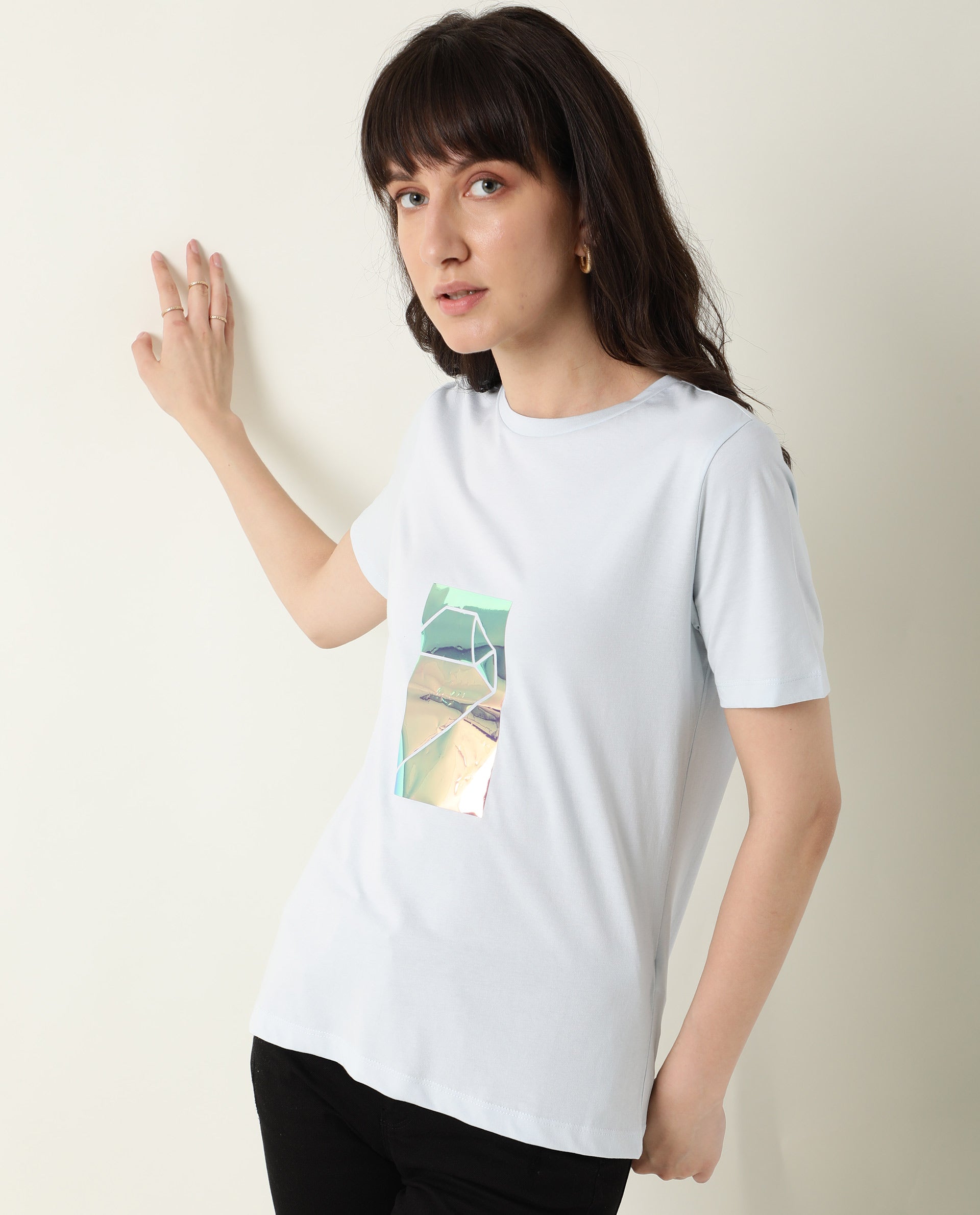 Rareism Women Gulf Pastel Blue Cotton Fabric Regular Fit Half Sleeves Graphic Print Crew Neck T-Shirt