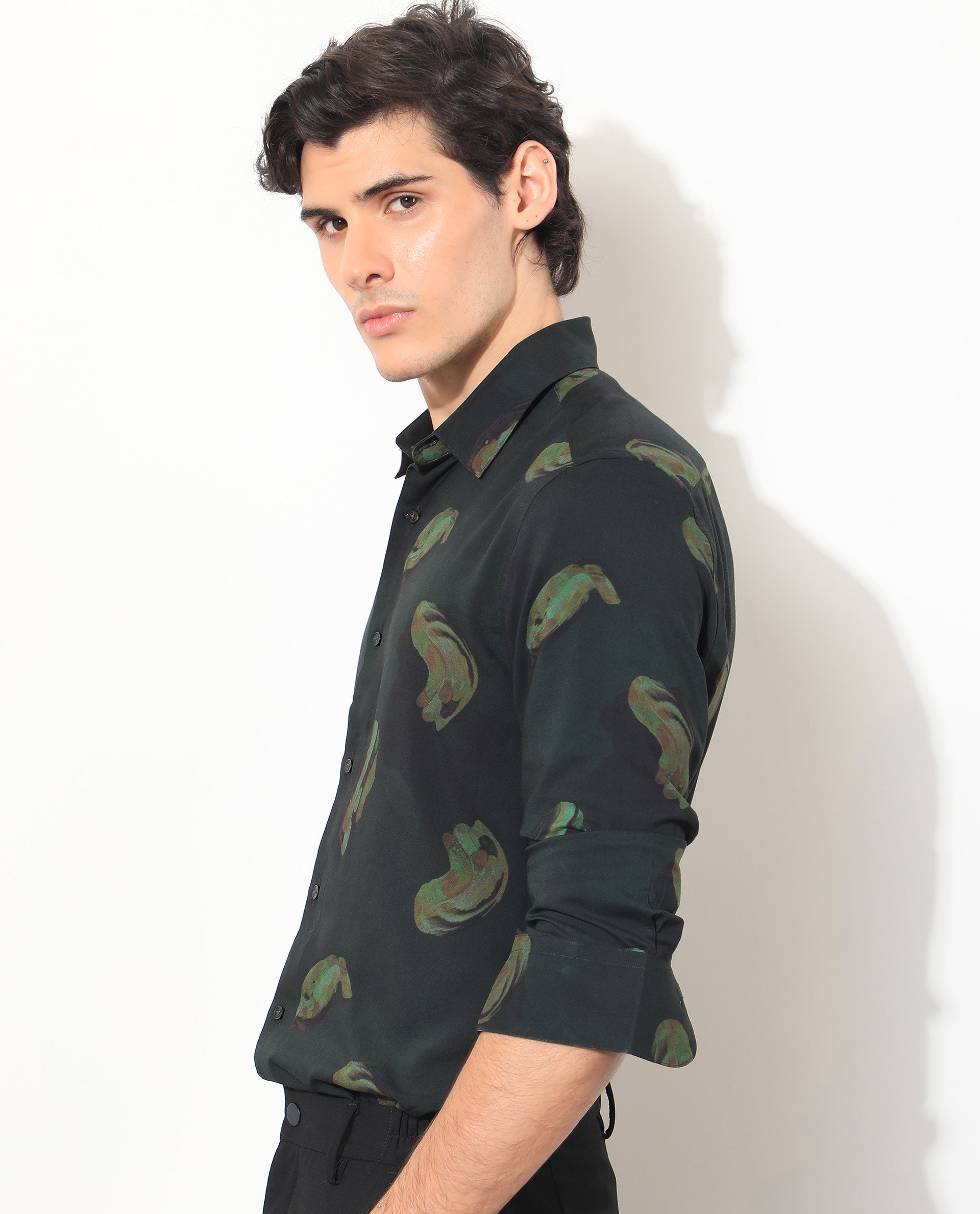 Rare Rabbit Men's Inari Dark Green Viscose Fabric Abstract Print Full Sleeves Shirt
