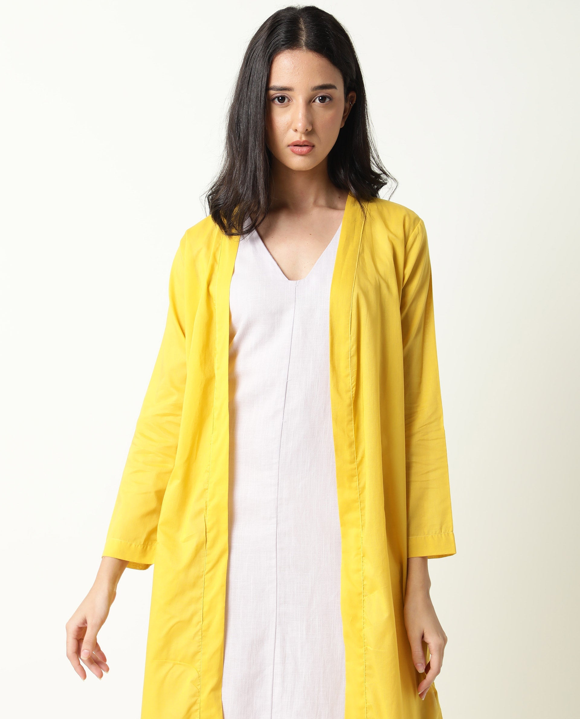 Rareism Women's Java Yellow Cotton Collarless Plain Knee Length Regula
