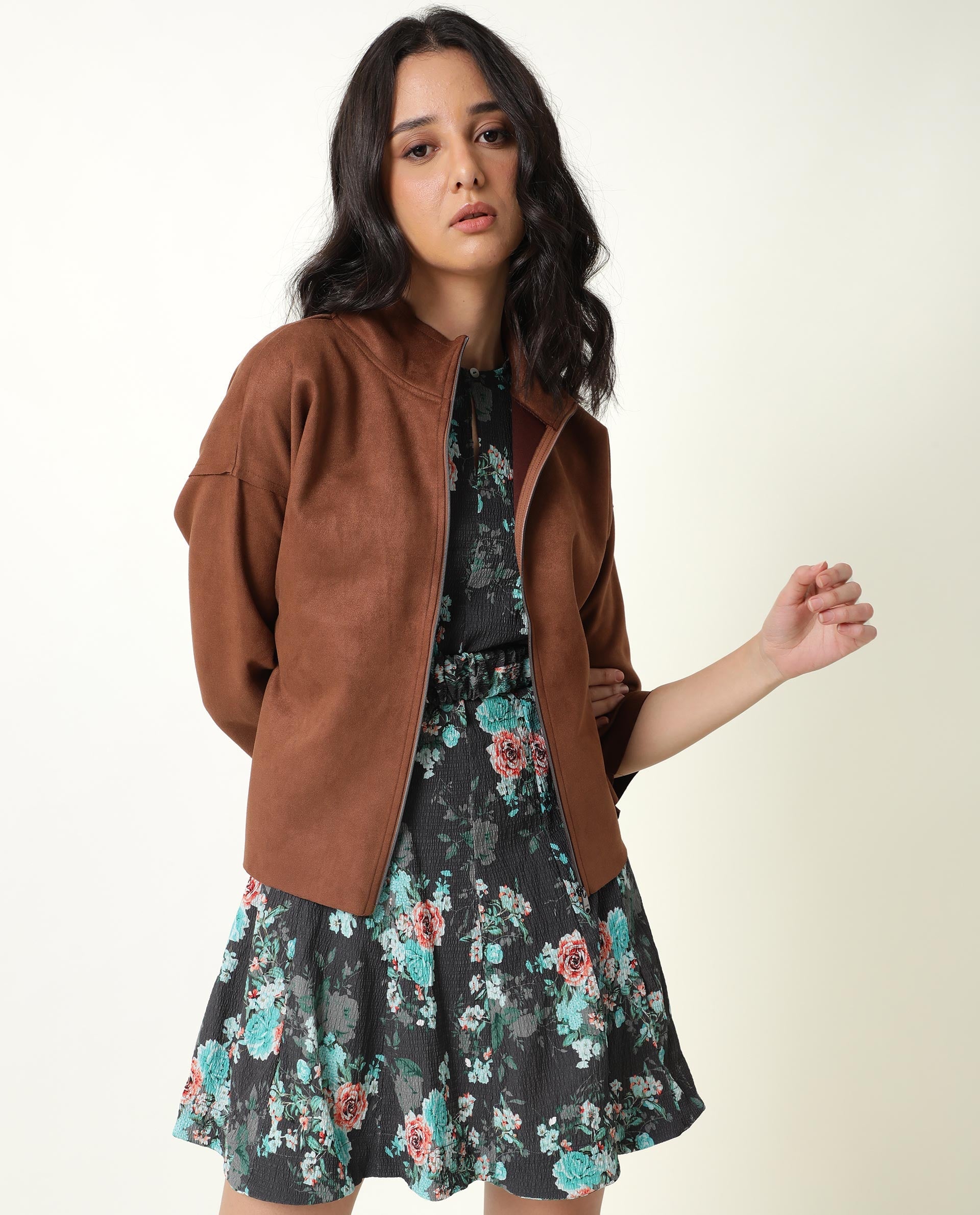 Rareism Women Vasec Grey Printed Boat Neck With Key Hole Button Closure Puff 3/4 Sleeves Elastic Waist Belt Mini Dress