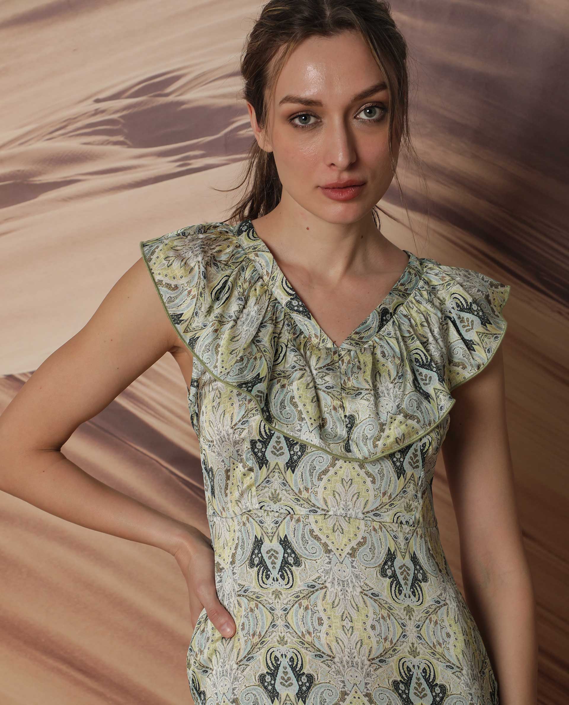 Rareism Women Aishia Off White Polyester Fabric Ruffled Neck Sleeveless Regular Fit Paisley Print Midi A-Line Dress