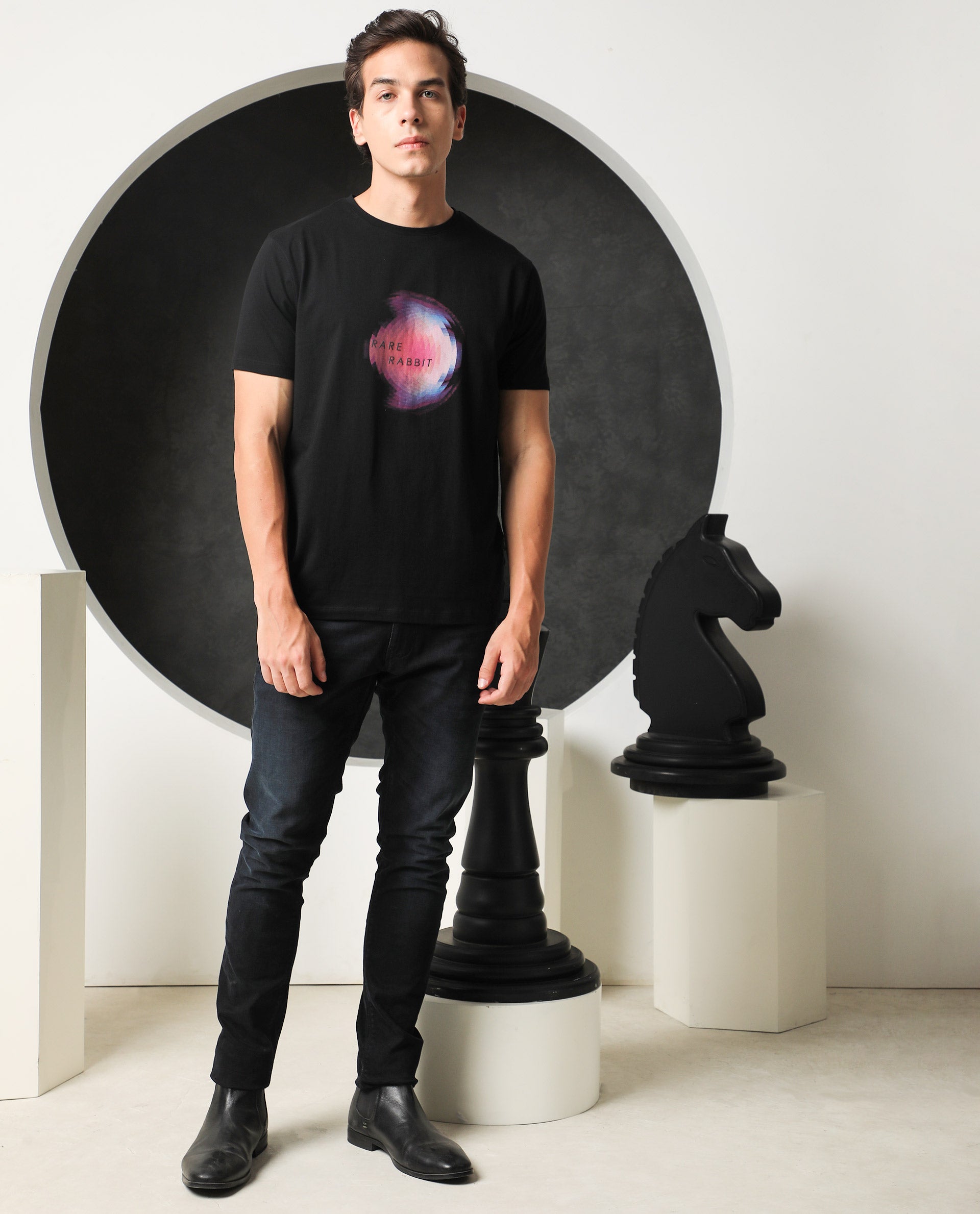 Rare Rabbit Men's Knobel Black Crew Neck Graphic Printed Half Sleeves Slim Fit T-Shirt