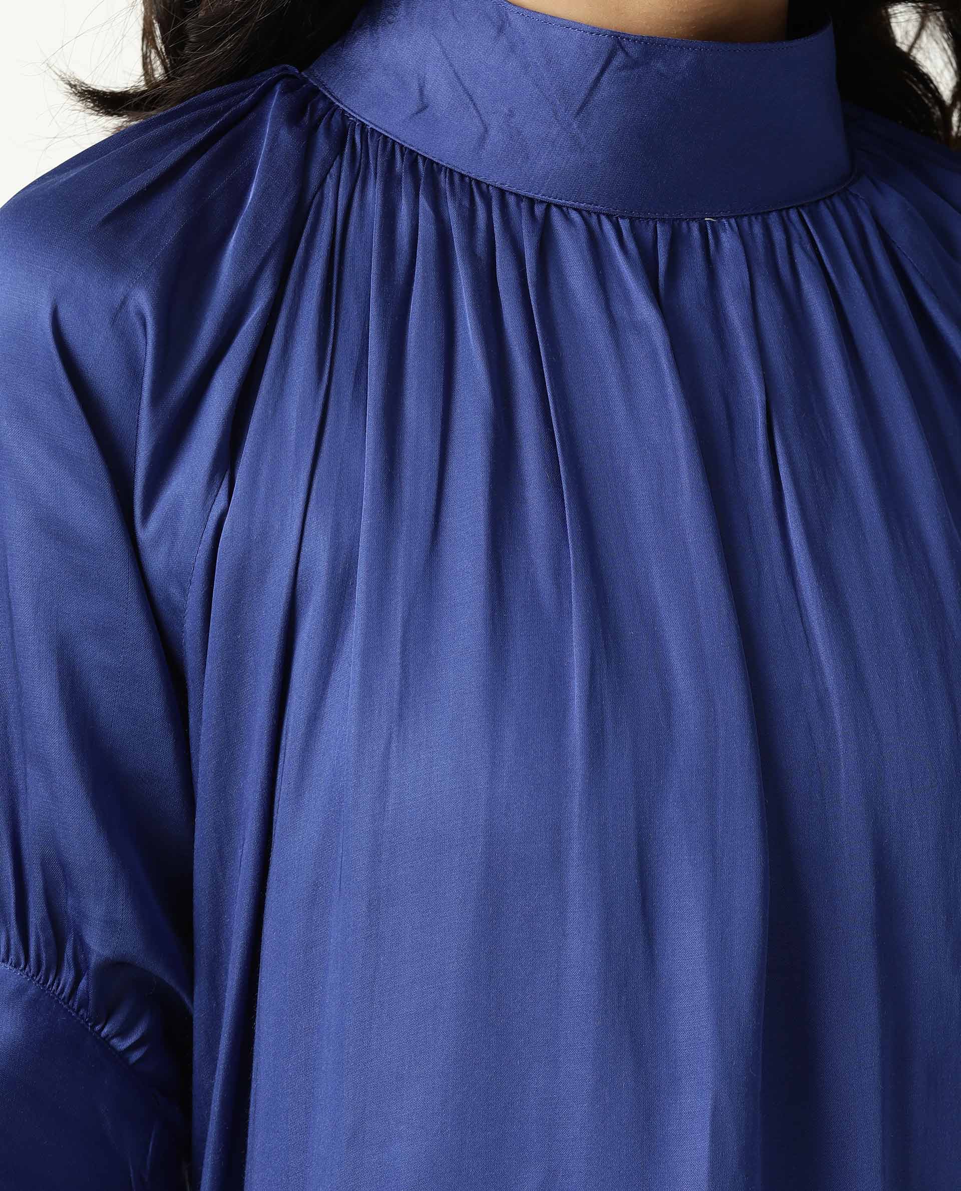 Rareism Women Shiver Dark Blue High Neck With Gathers Raglan Sleeves With Puff And Side Slit Knee Length Dress