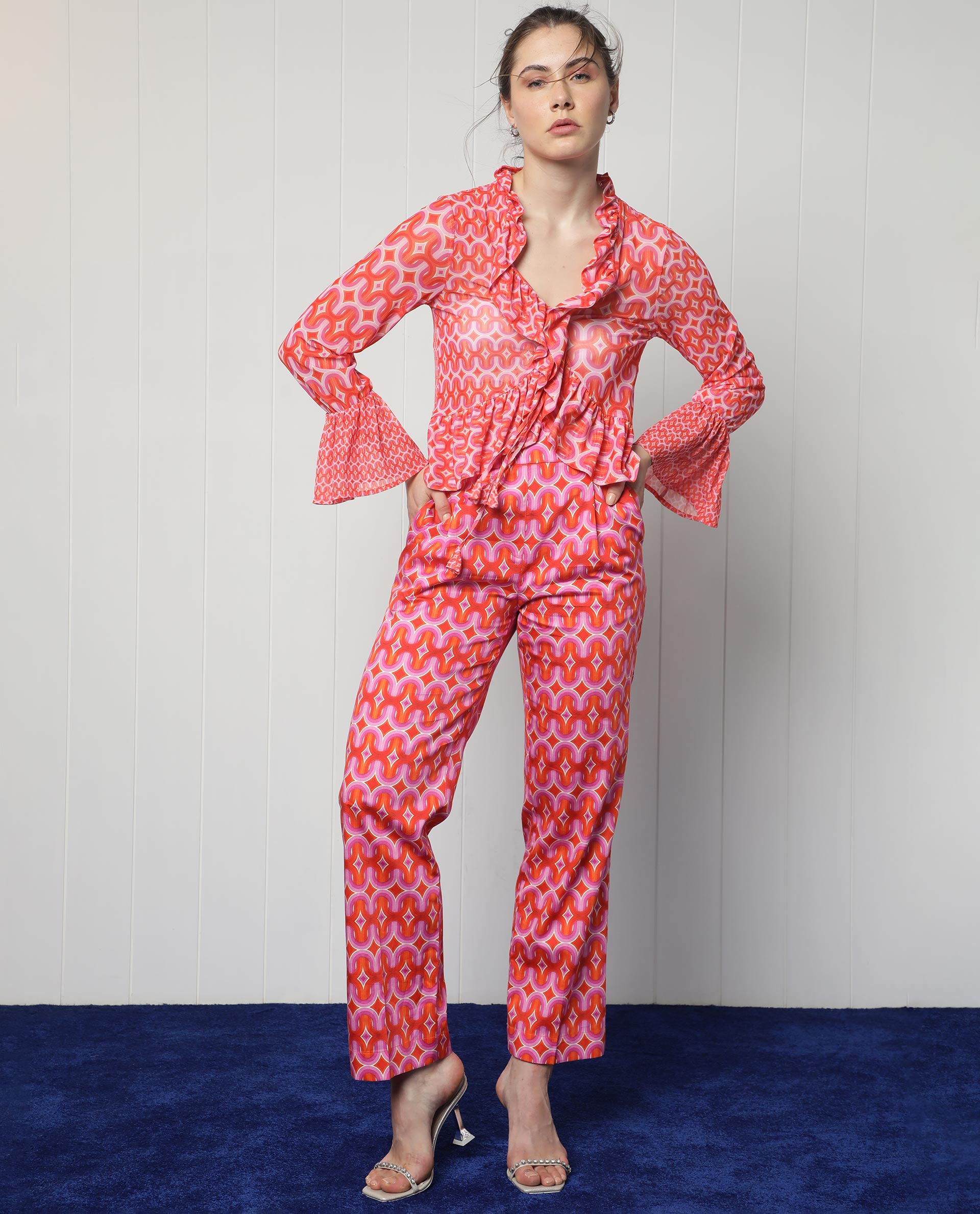 Rareism Women Cremon Orange Cotton Blend Fabric Regular Fit Geometric Print Ankle Length Trousers