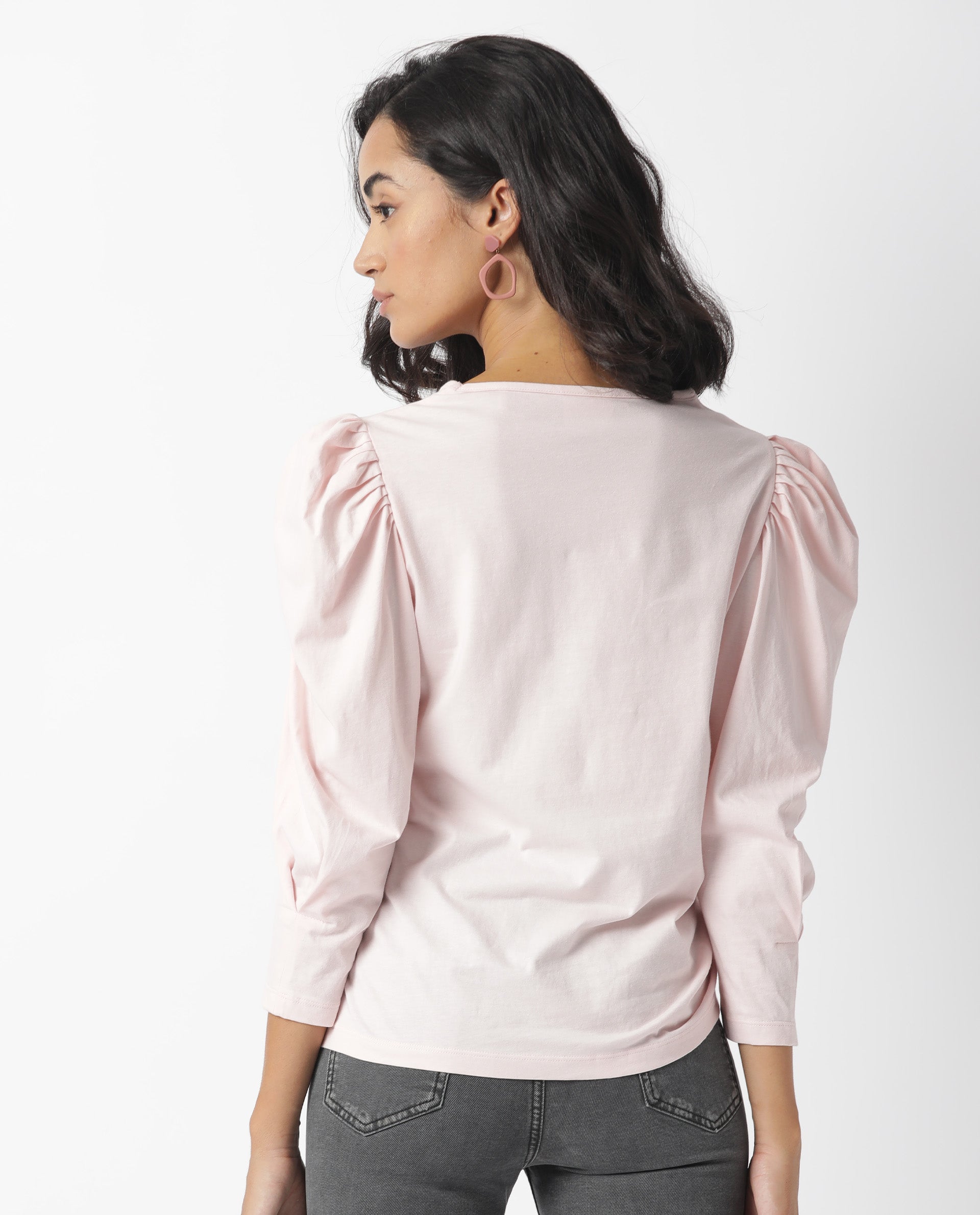 Rareism Womens Ballerina Pink Top Cotton Fabric Regular Fit Puff Sleeves Round Neck