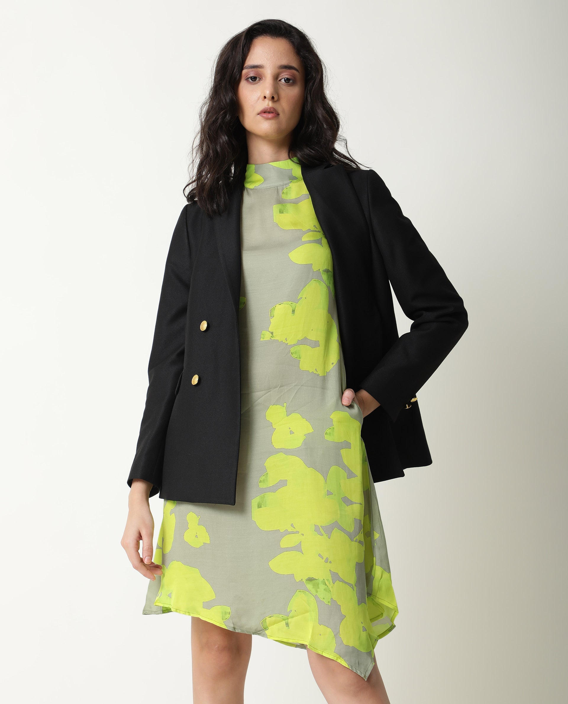 Rareism Women Sprite Yellow Floral Print Band Neck Short Sleeves With Pockets Asymmetric Hem Knee Length Dress