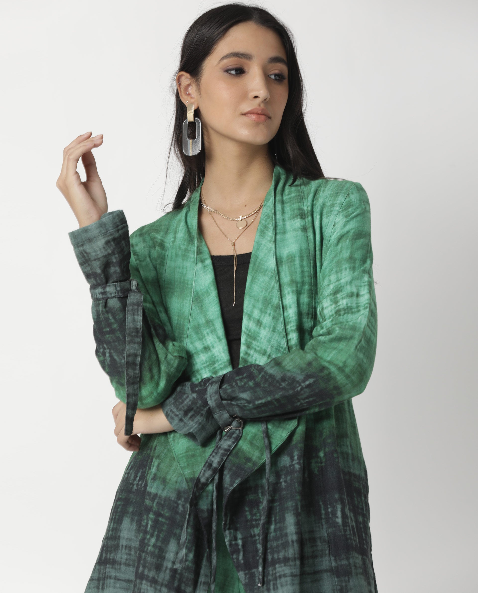 Rareism Women Boss Green Cotton Fabric Regular Fit Knee Length Abstract Print Collarless Outer Wear