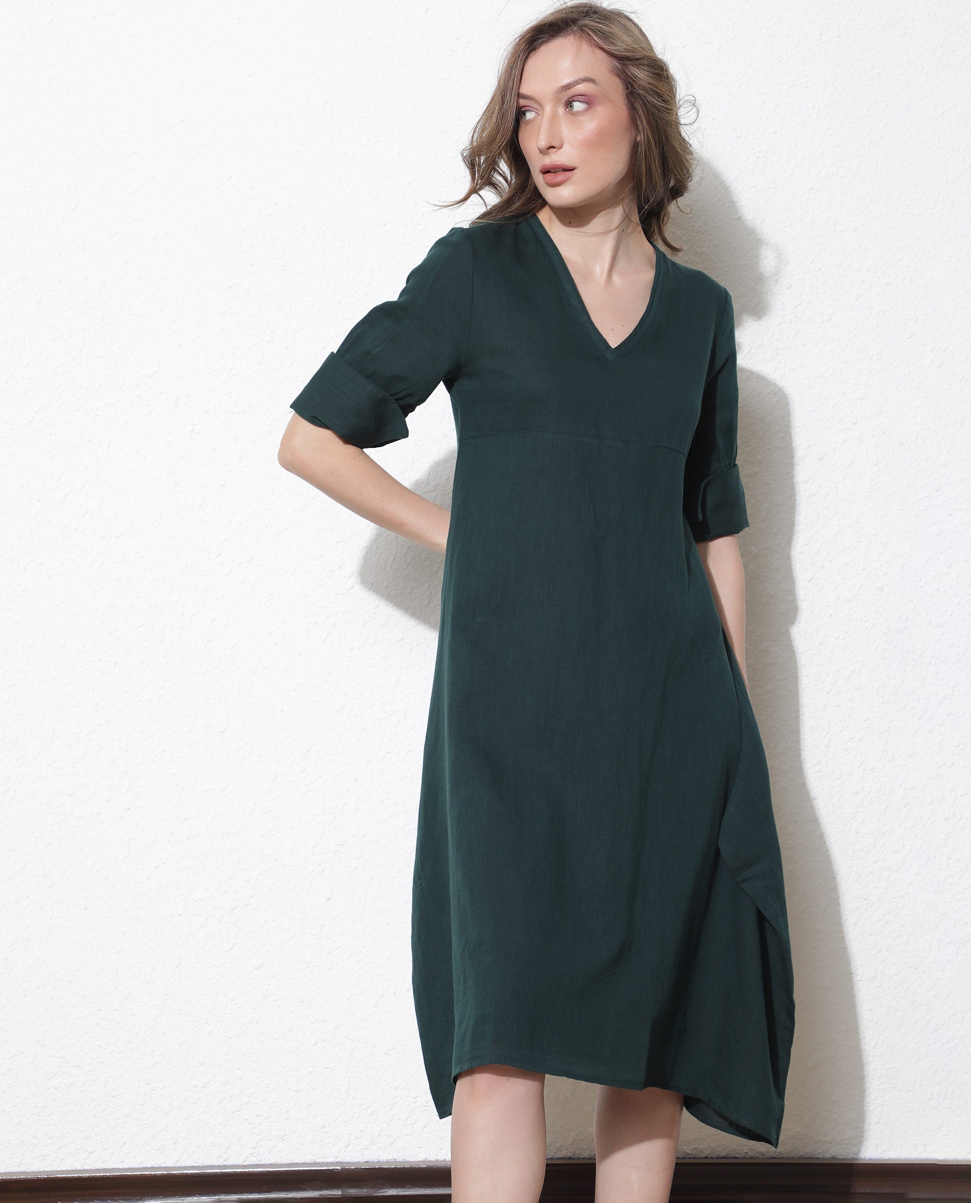 Rareism Women Cherry Green V Neck Tie-Up 3/4 Sleeves Symmetrical Knee Length Dress