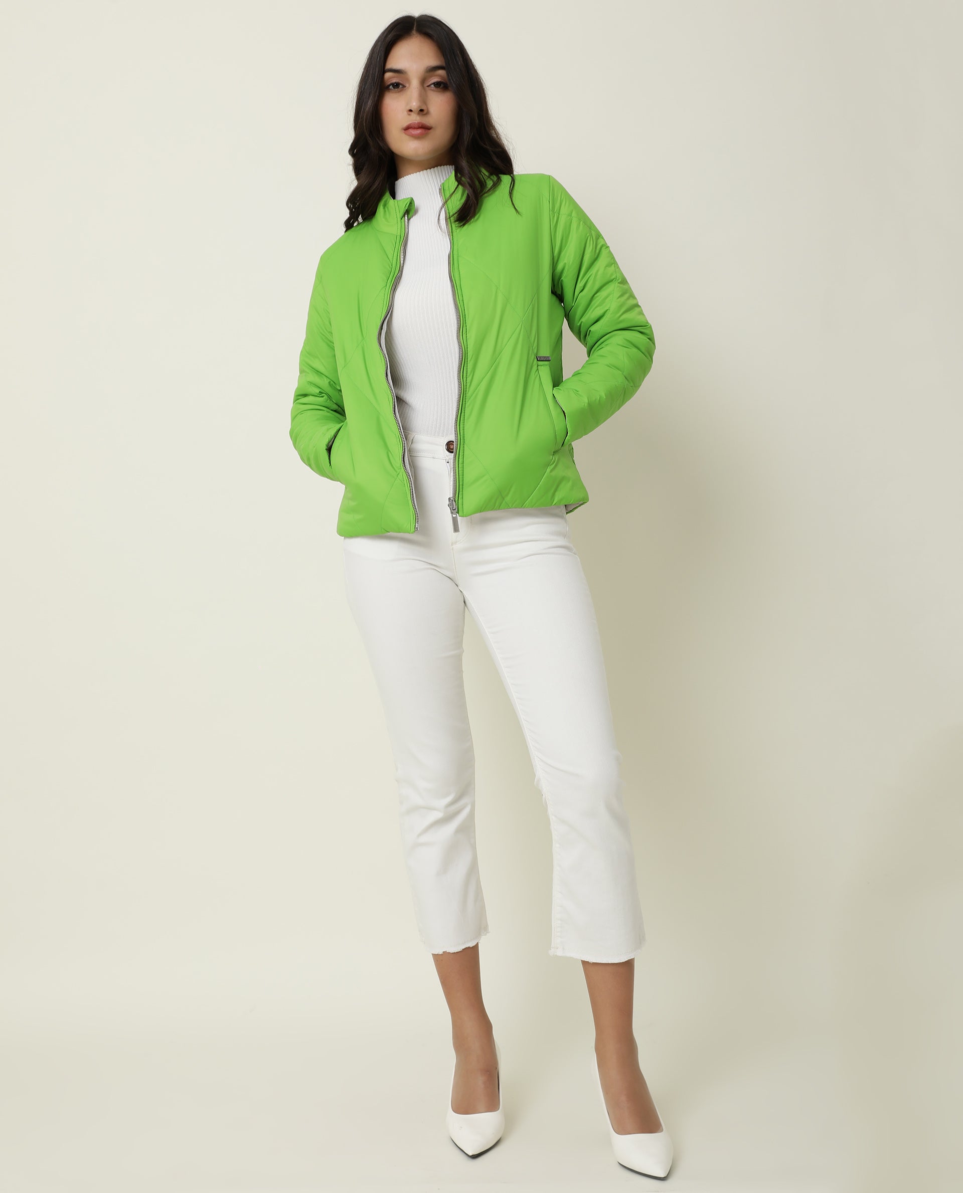 Rareism Women Cora Light Green Polyester Fabric Full Sleeves Solid High Neck Jacket