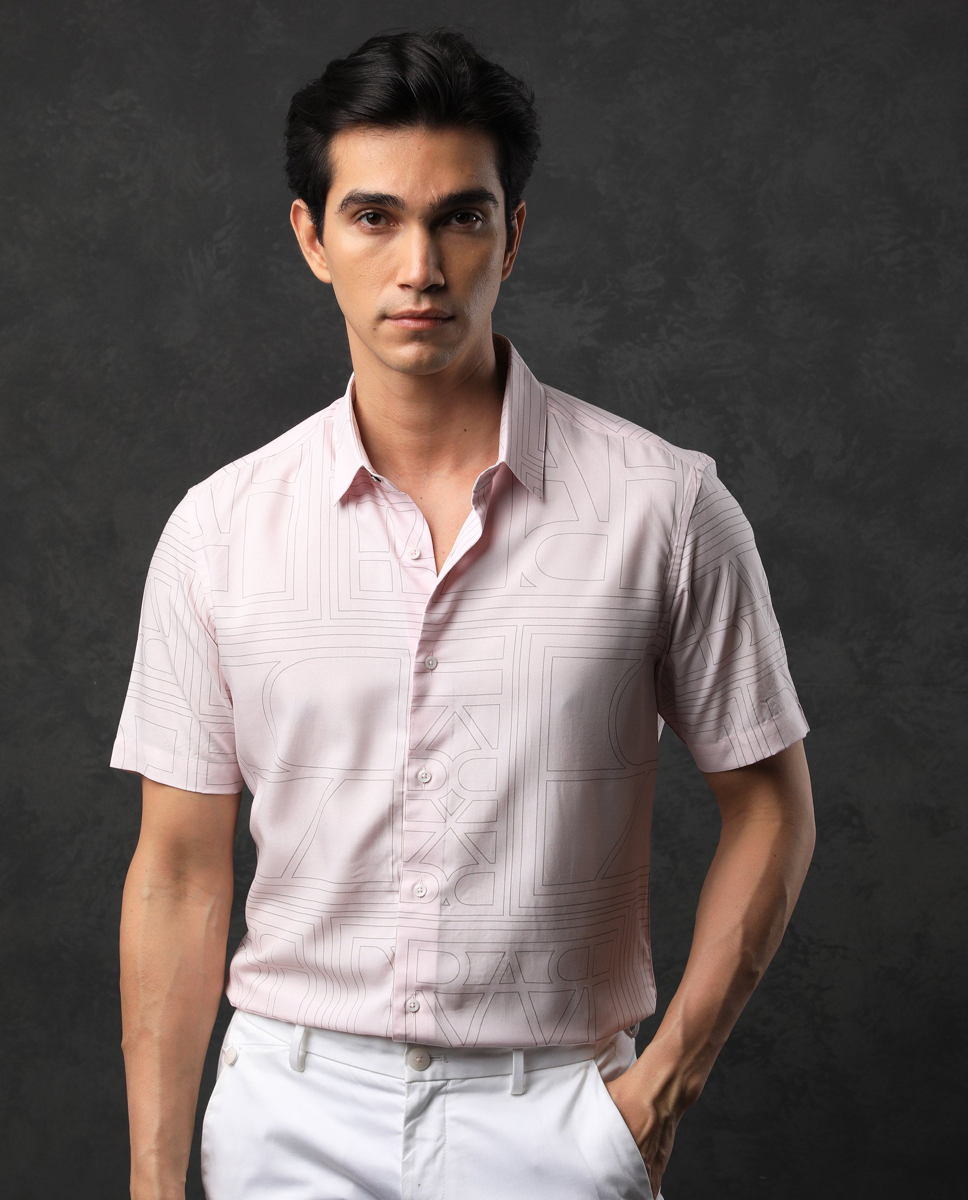 RARE RABBIT MEN'S MALFOR SS PASTEL PINK SHIRT SHORT SLEEVES COLLARED NECK  PRINT