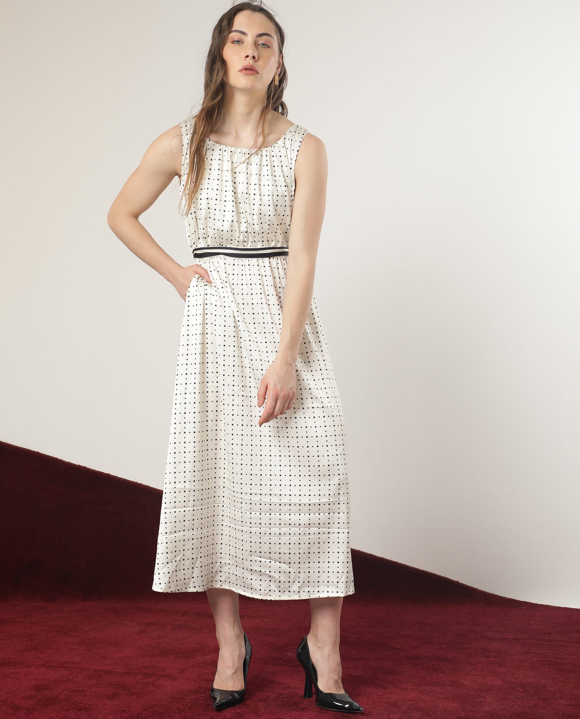 Rareism Women Narcissa Beige Polyester Fabric Boat Neck Sleeveless Regular Fit Polka Knee Length Empire Dress