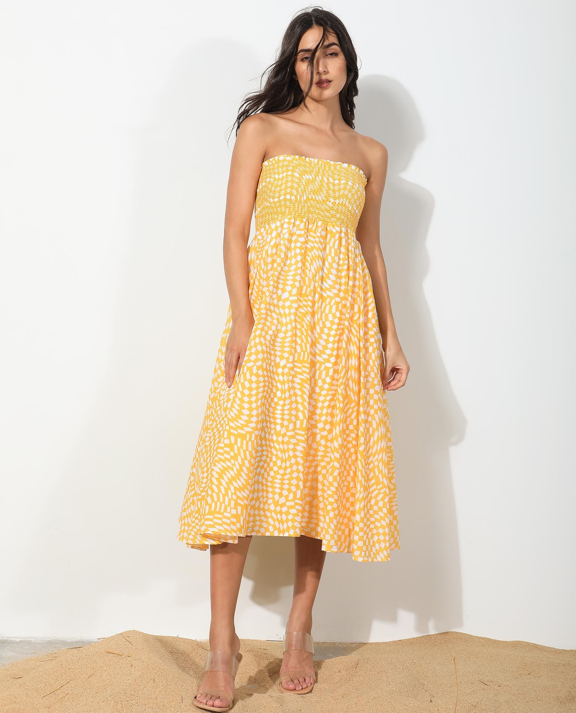 Rareism Women Daffodil Yellow Cotton Fabric Sleeveless Tube Neck Shoulder Straps Regular Fit Print Knee Length Dress