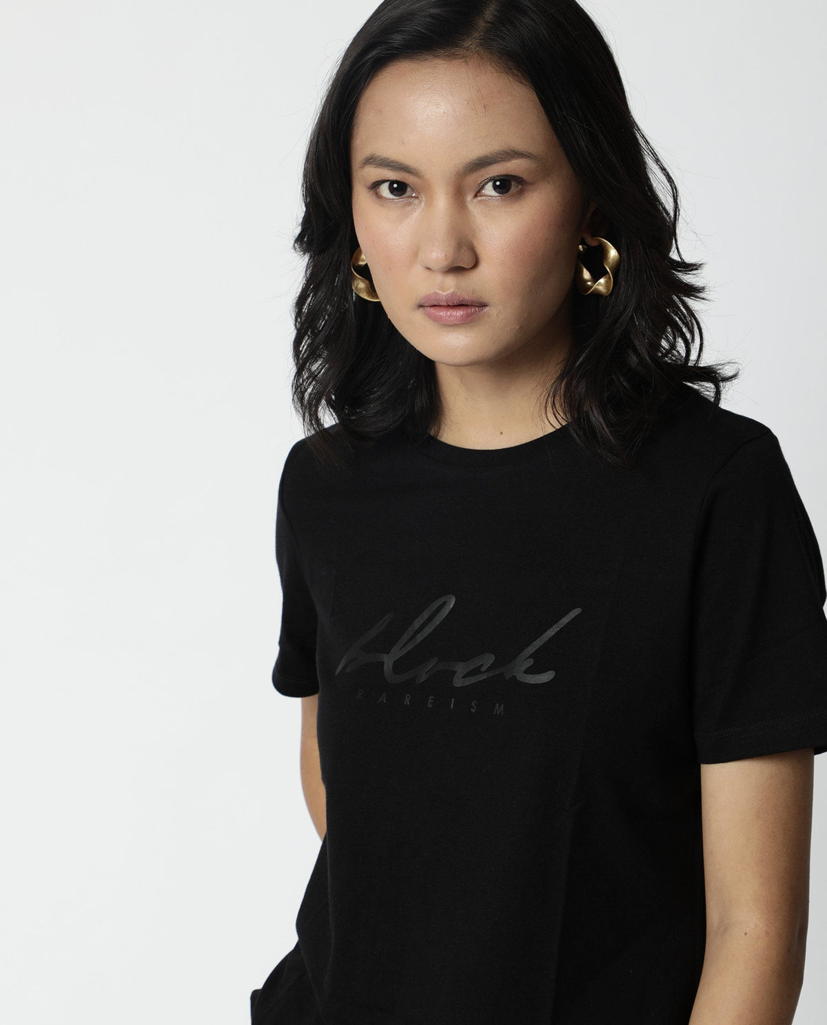 Rareism Women Darker Black T-Shirt Short Sleeves