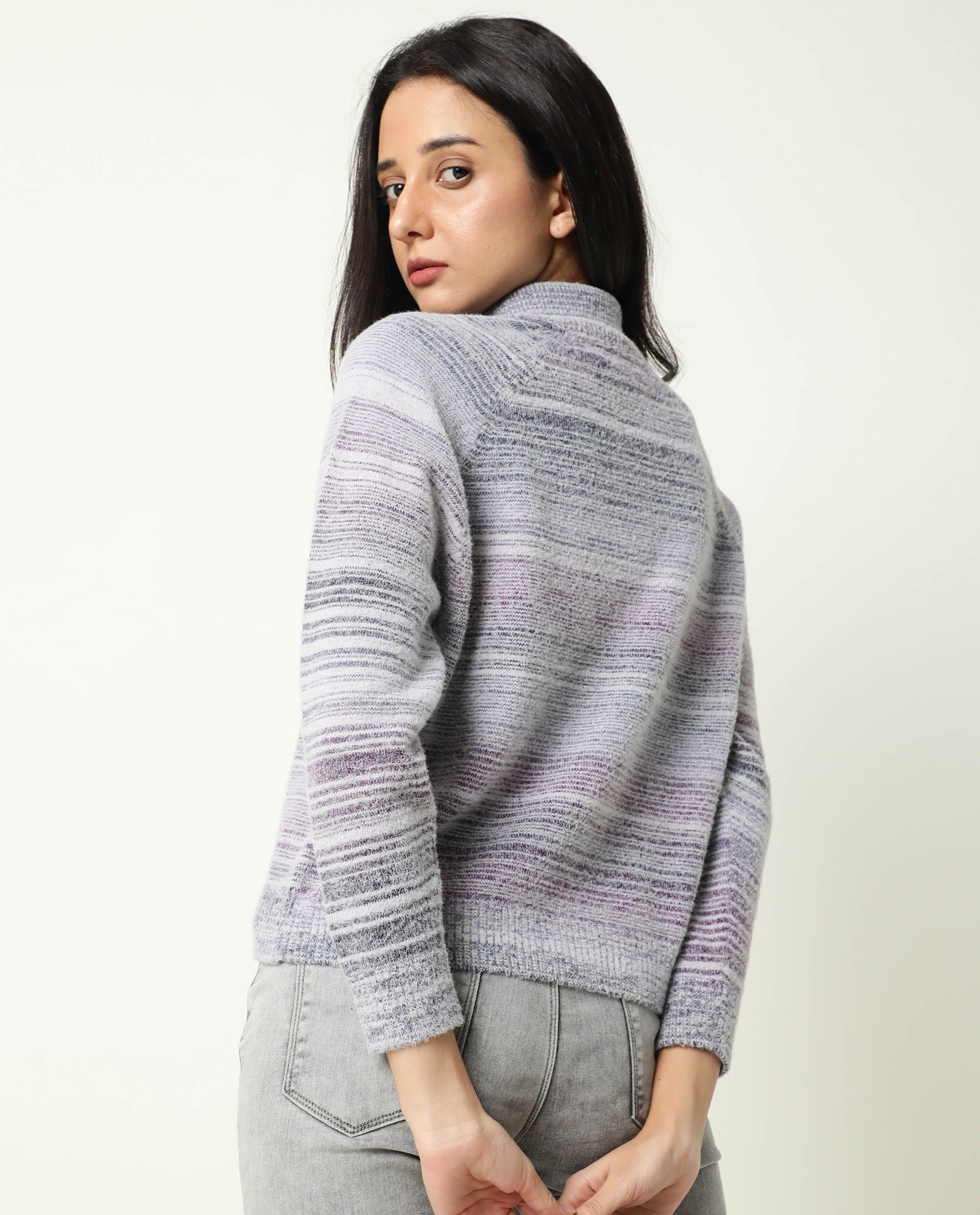 Rareism Women Rosalva Melange Grey Nylon Fabric Full Sleeves Knee Length Regular Fit Ombre High Neck Sweater