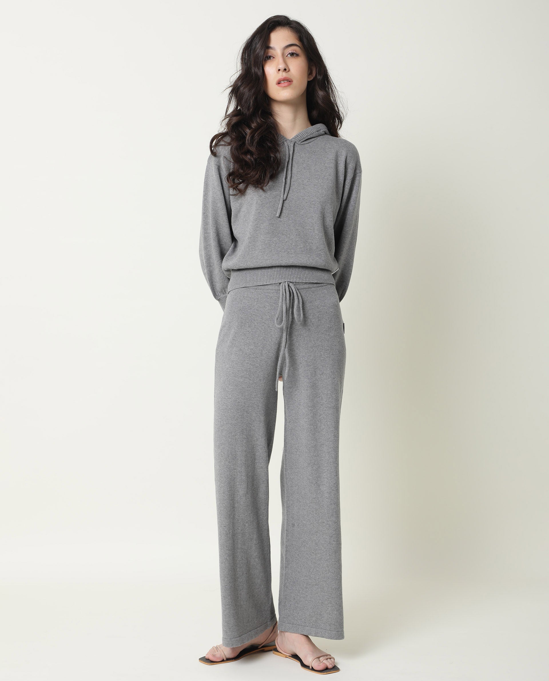 Rareism Women Finn Sweat Melange Grey Cotton Fabric Full Sleeves Relaxed Fit Solid Hooded Sweater