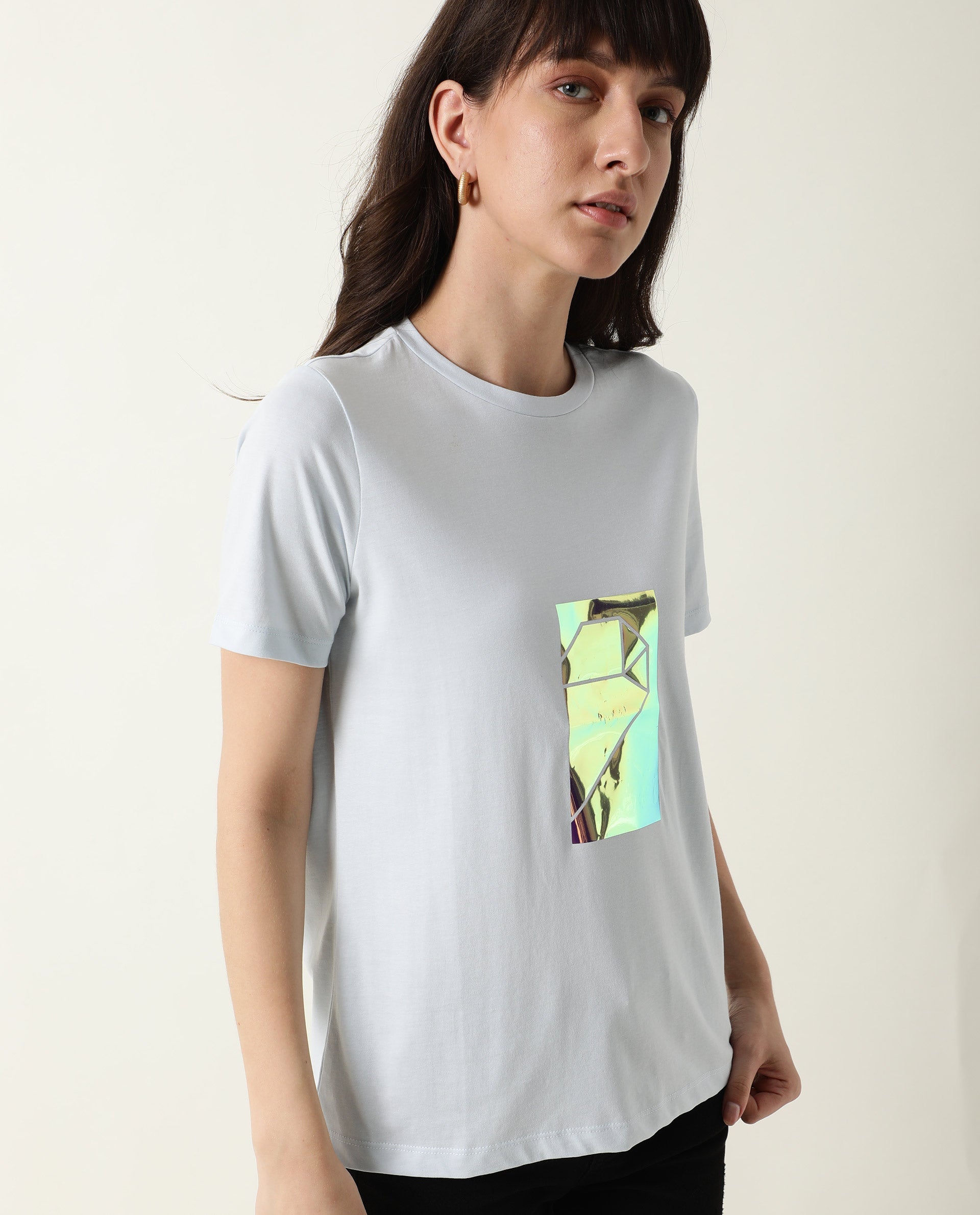 Rareism Women Gulf Pastel Blue Cotton Fabric Regular Fit Half Sleeves Graphic Print Crew Neck T-Shirt