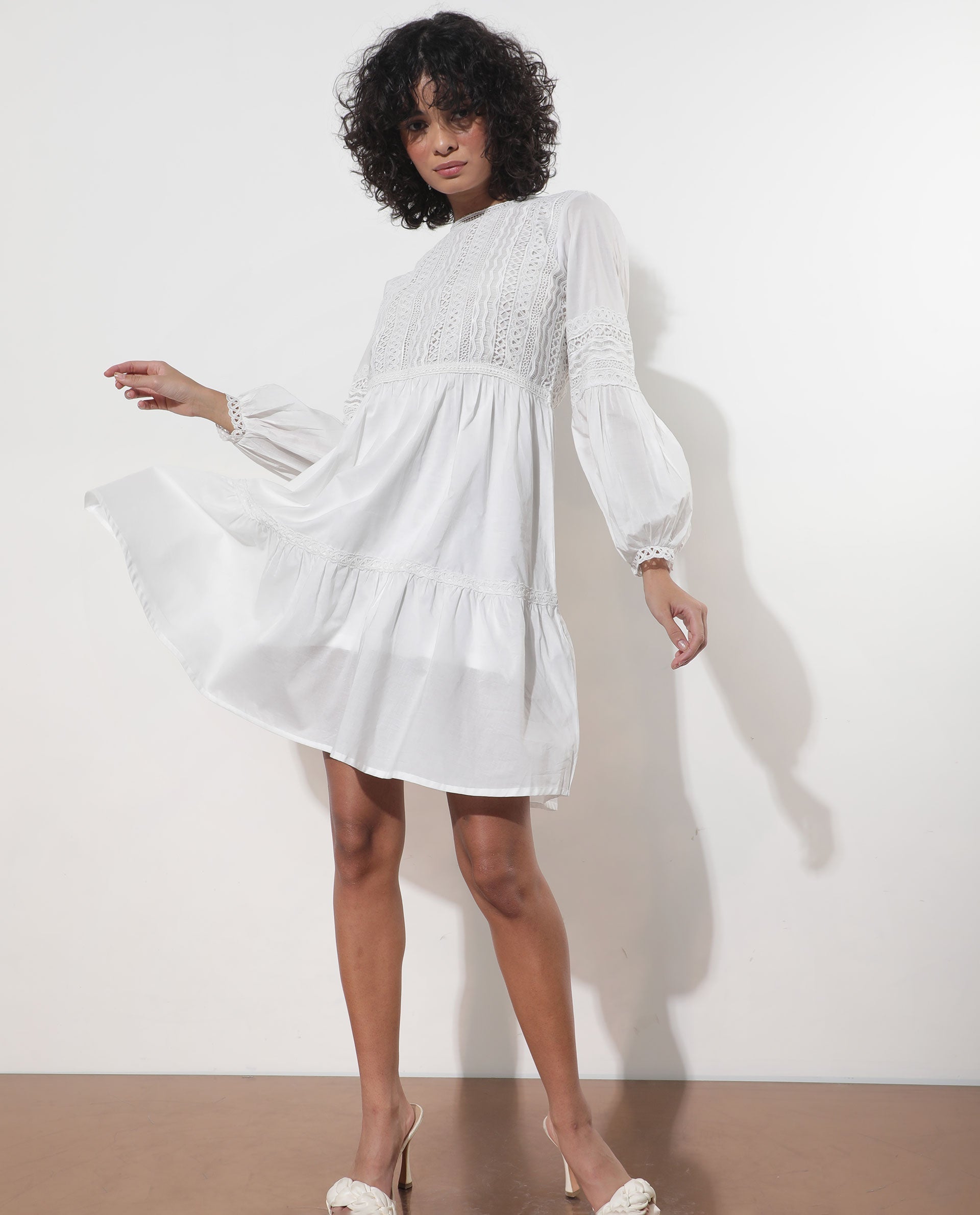 Rareism Women Darmini White Cotton Fabric Full Sleeves Round Neck Puff Sleeve Relaxed Fit Plain Knee Length Empire Dress