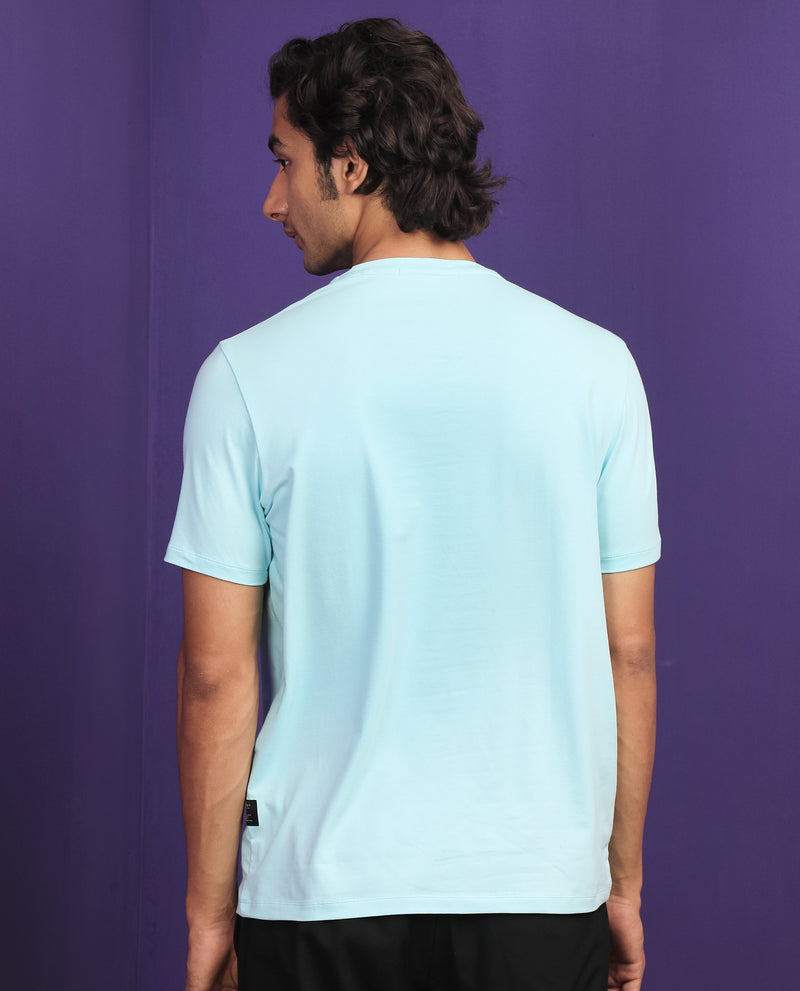 Rare Rabbit Men's Italicc Blue Crew Neck Branded Signature Half Sleeves Slim Fit T-Shirt