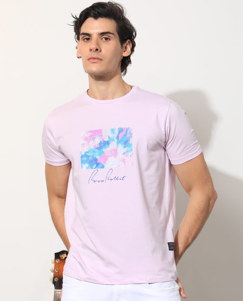 Rare Rabbit Men's Reed Pink Crew Neck Abstract Print With Branding Half Sleeves Slim Fit T-Shirt
