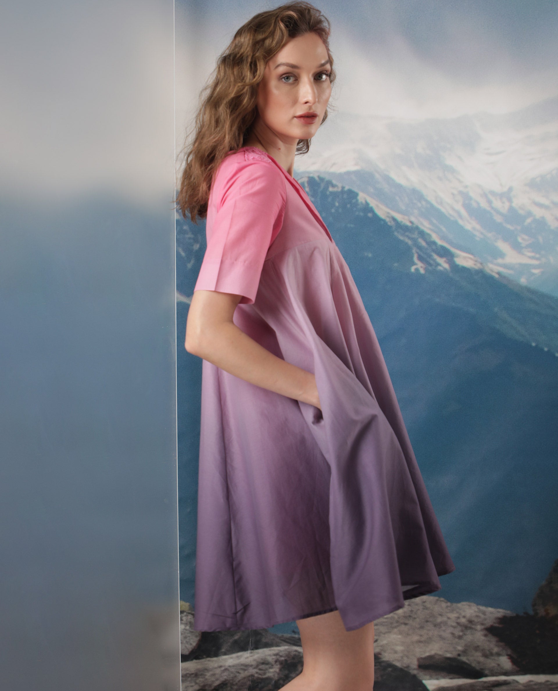 Rareism Women Celine Purple Cotton Fabric Short Sleeves Over Lap Flared Fit Ombre Knee Length Empire Dress