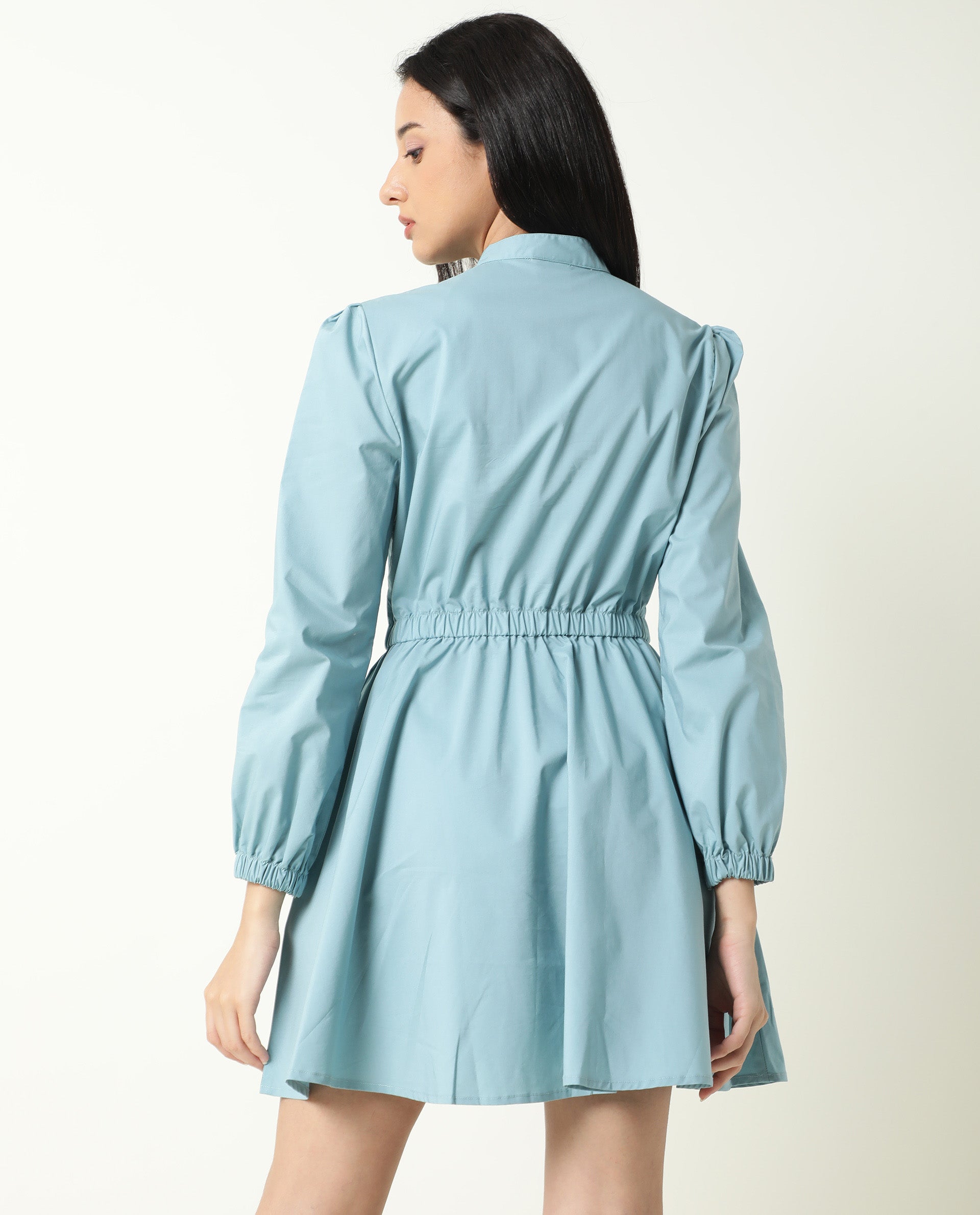 Rareism Women Darla Blue Mandarin Collar Full Front Button Closure Placket With Full Sleeves And Pocket Mini Dress