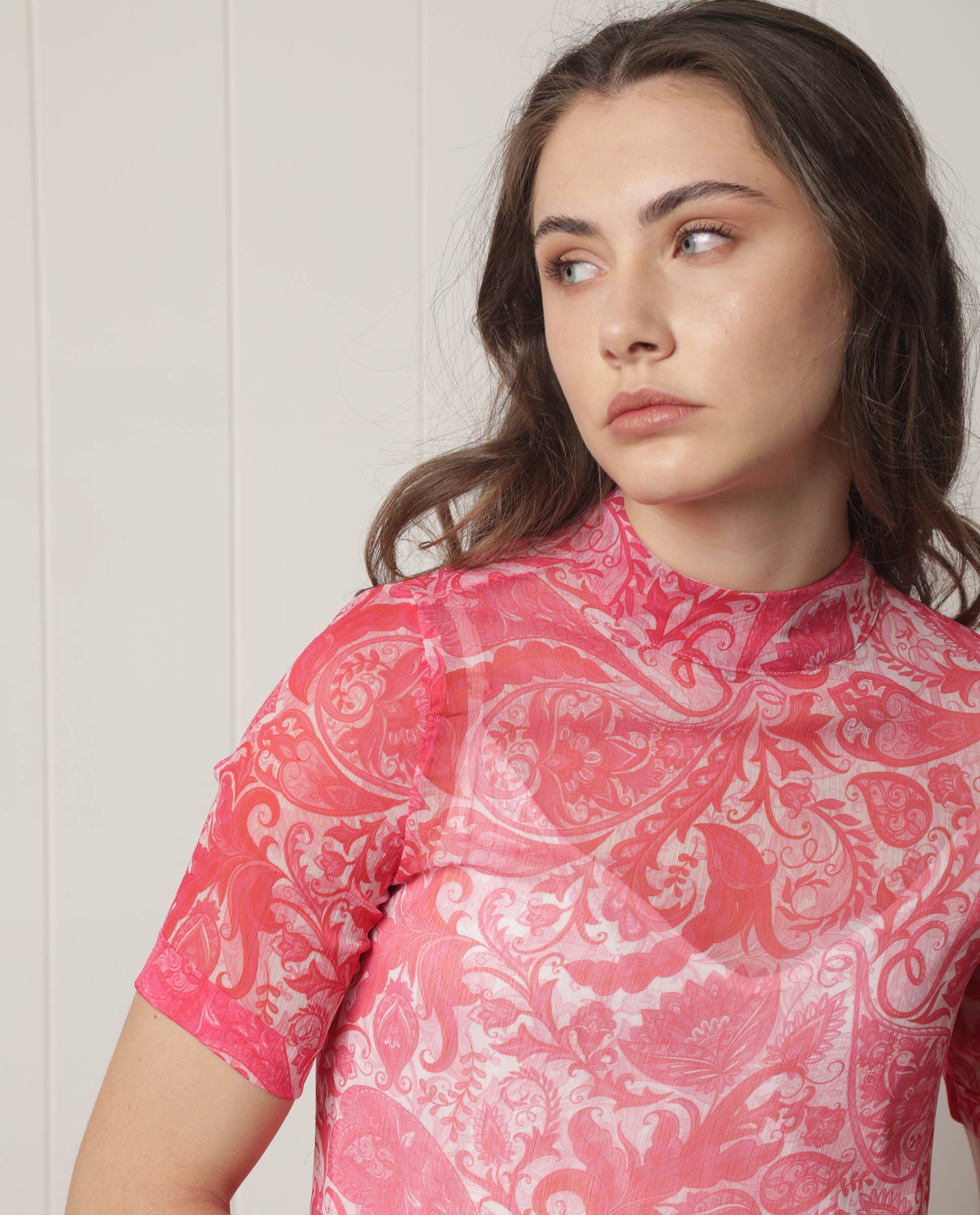 Rareism Women's Beryl Pink Polyester Fabric High Neck Zipper Closure Half Sleeve Paisley Print  Knee Length Dress