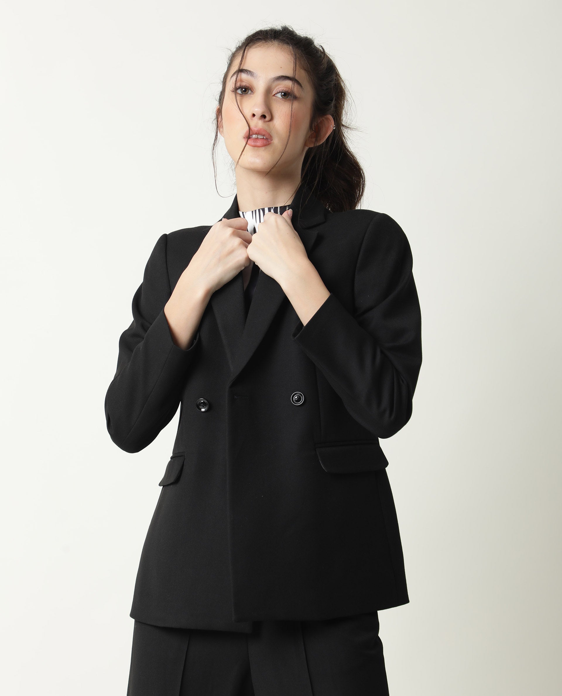 Rareism Womens Yara Black Blazer Poly Viscose Elastane Fabric Regular Fit Full Sleeve Lapel Neck