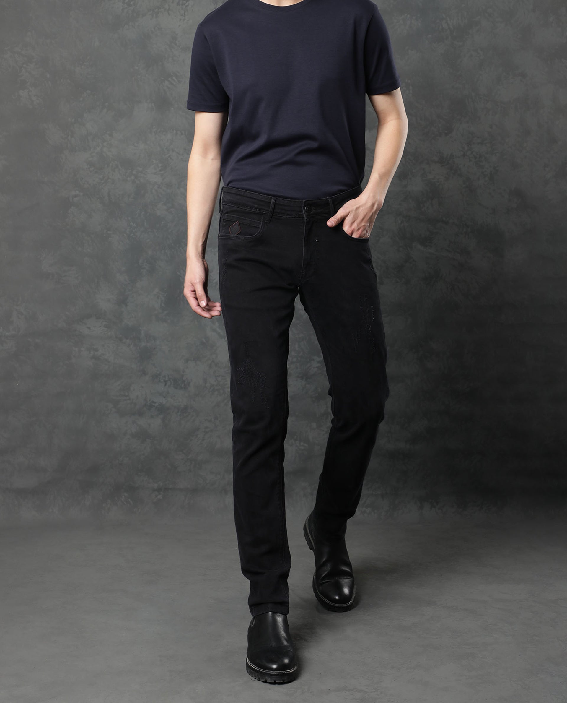 Rare Rabbit Men's Astra Black Rinse Wash Mid-Rise Slim Fit Jeans