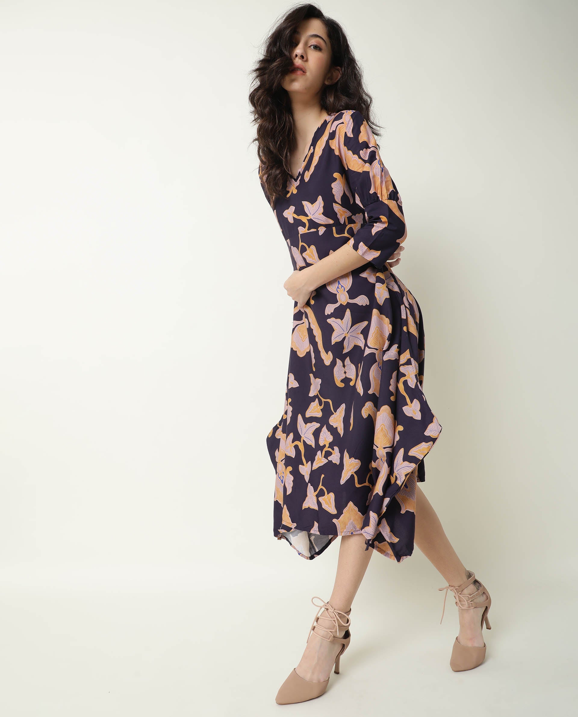 Rareism Women Kenna Navy Abstract Print V Neck 3/4 Sleeves Asymmetric Knee Length Dress