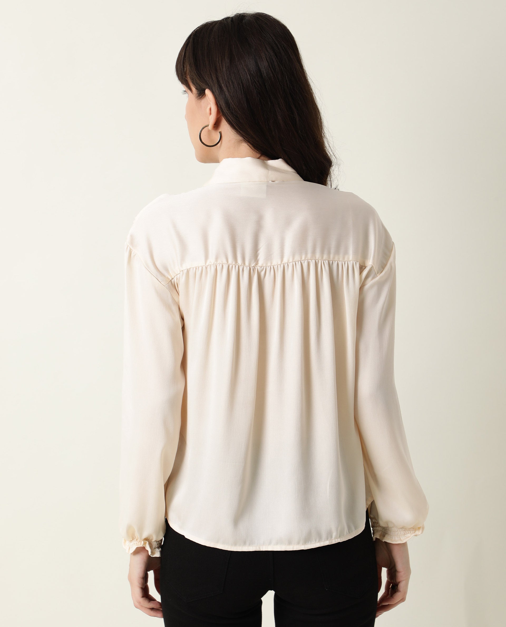 Rareism Women Paxo Off White Poly Cotton Fabric Regular Fit Tie-Up Neck Full Sleeves Solid Top