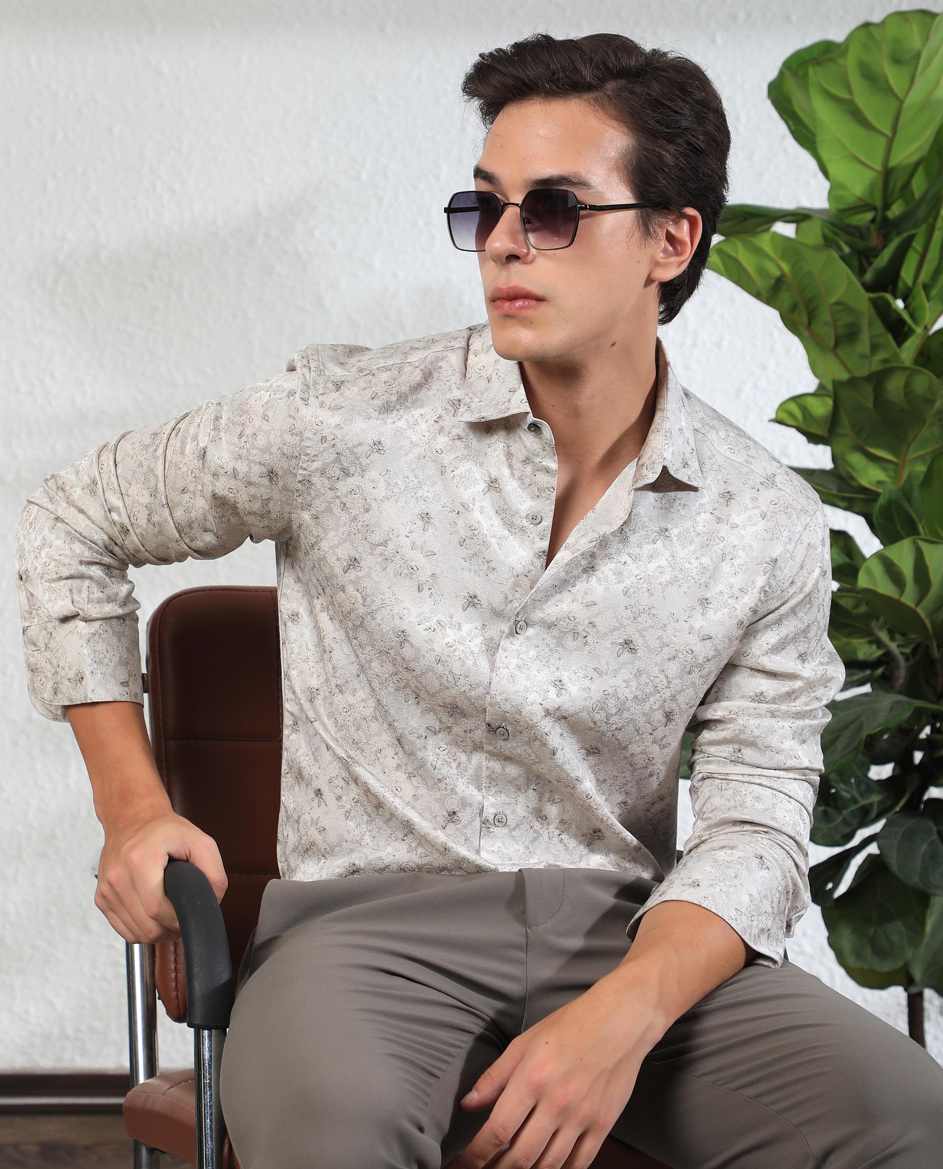 Rare Rabbit Men's Rosem Beige Floral Print Full Sleeves Shirt