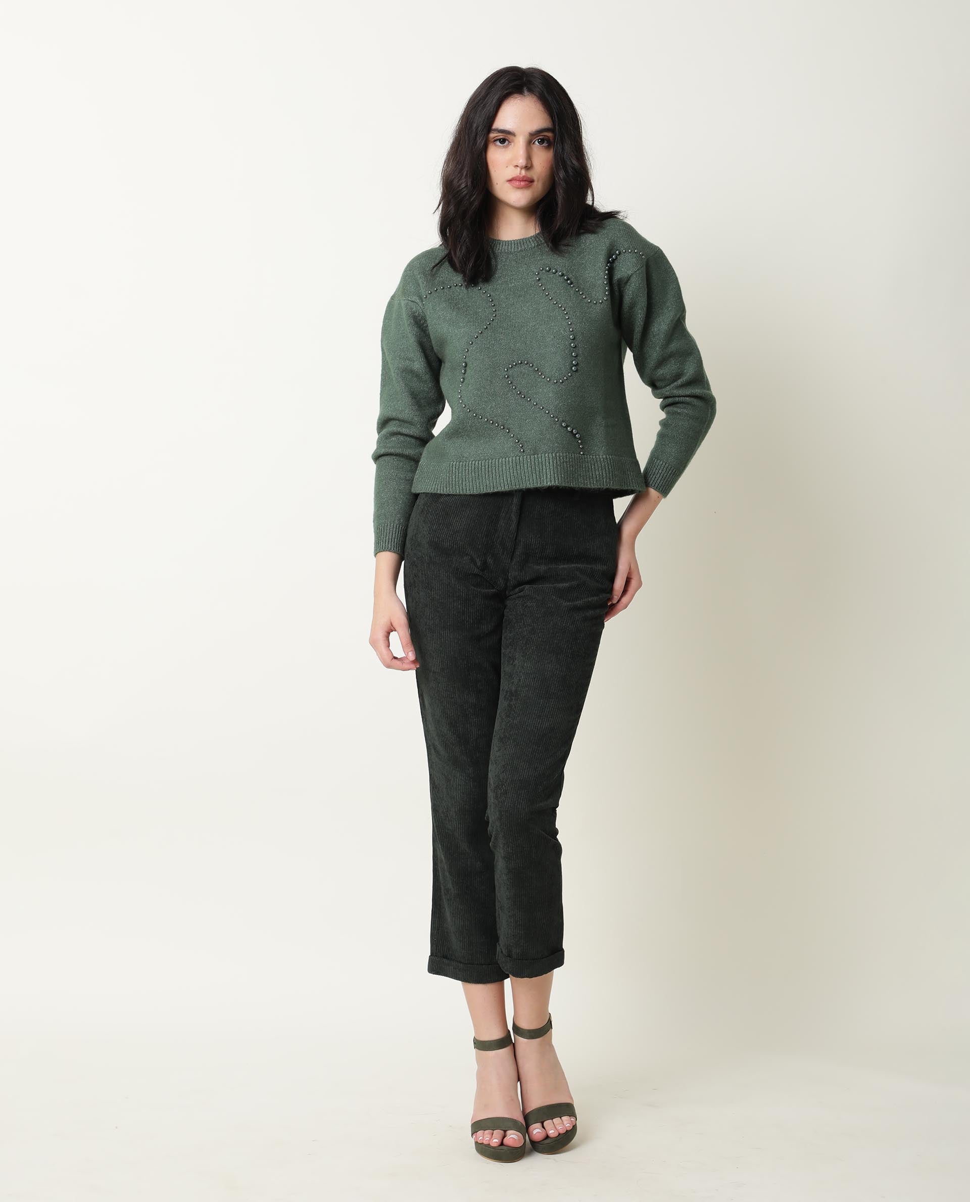 Rareism Women Tulsy Olive Acrylic Fabric Full Sleeves Knee Length Regular Fit Sequined Round Neck Sweater