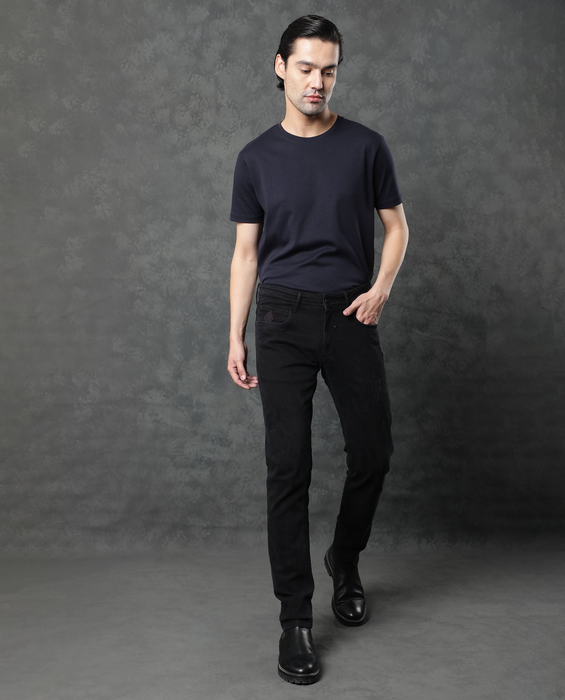 Rare Rabbit Men's Astra Black Rinse Wash Mid-Rise Slim Fit Jeans